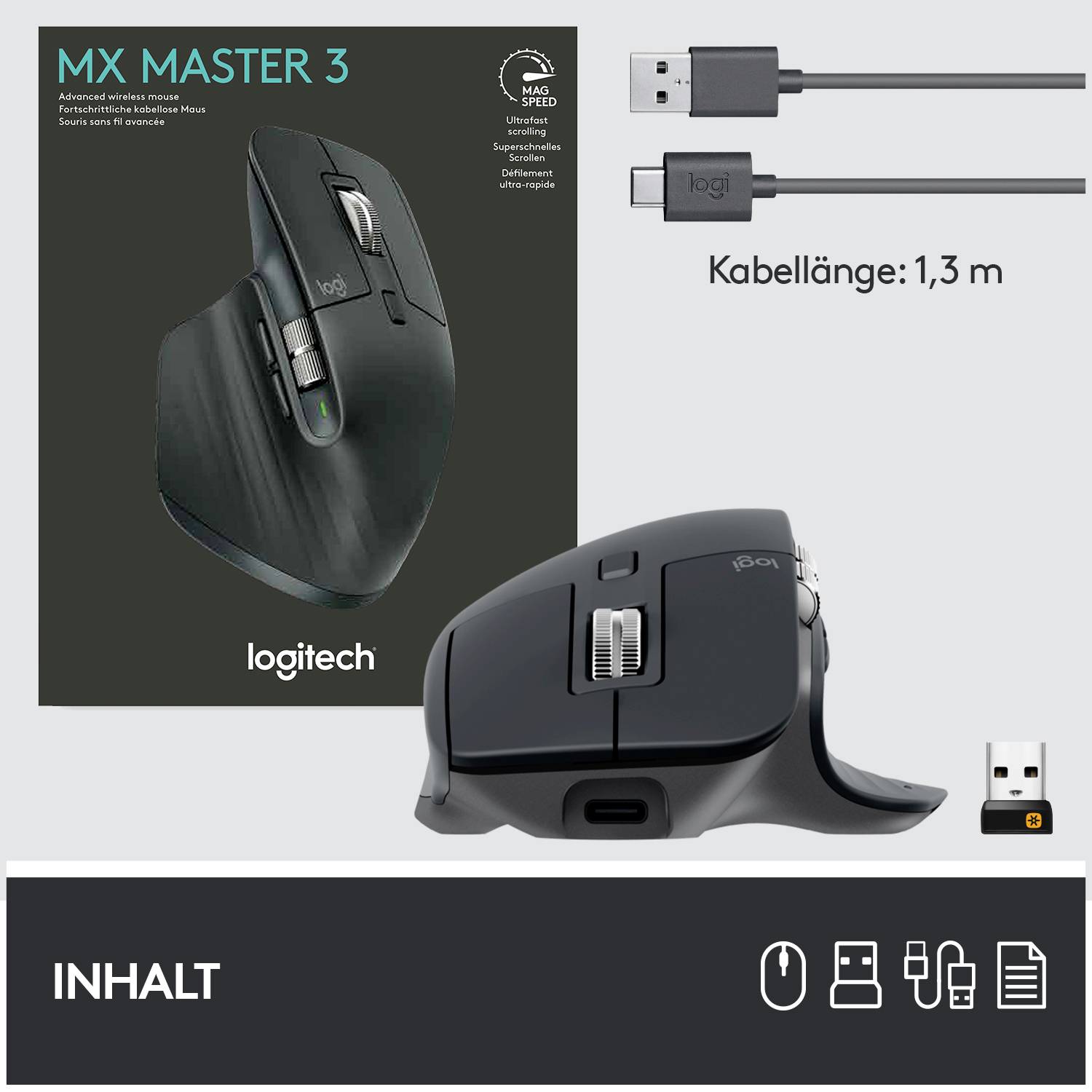 Logitech MX Master 3 Advanced Kabellose ergonomische Maus Bluetooth®, Funk Laser Graphit 7 Tasten 4