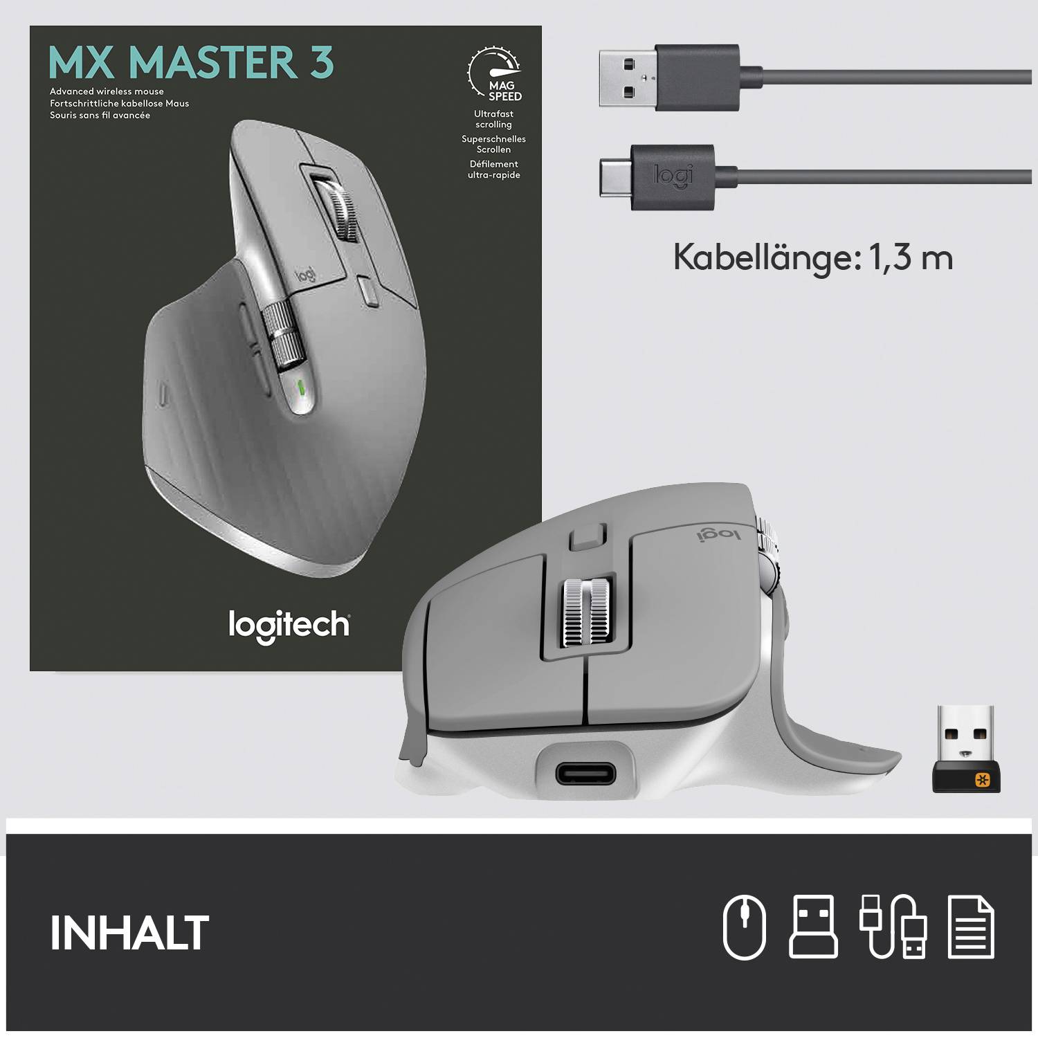 Logitech MX Master 3 Advanced Kabellose ergonomische Maus Bluetooth®, Funk Laser Grau 7 Tasten 4000