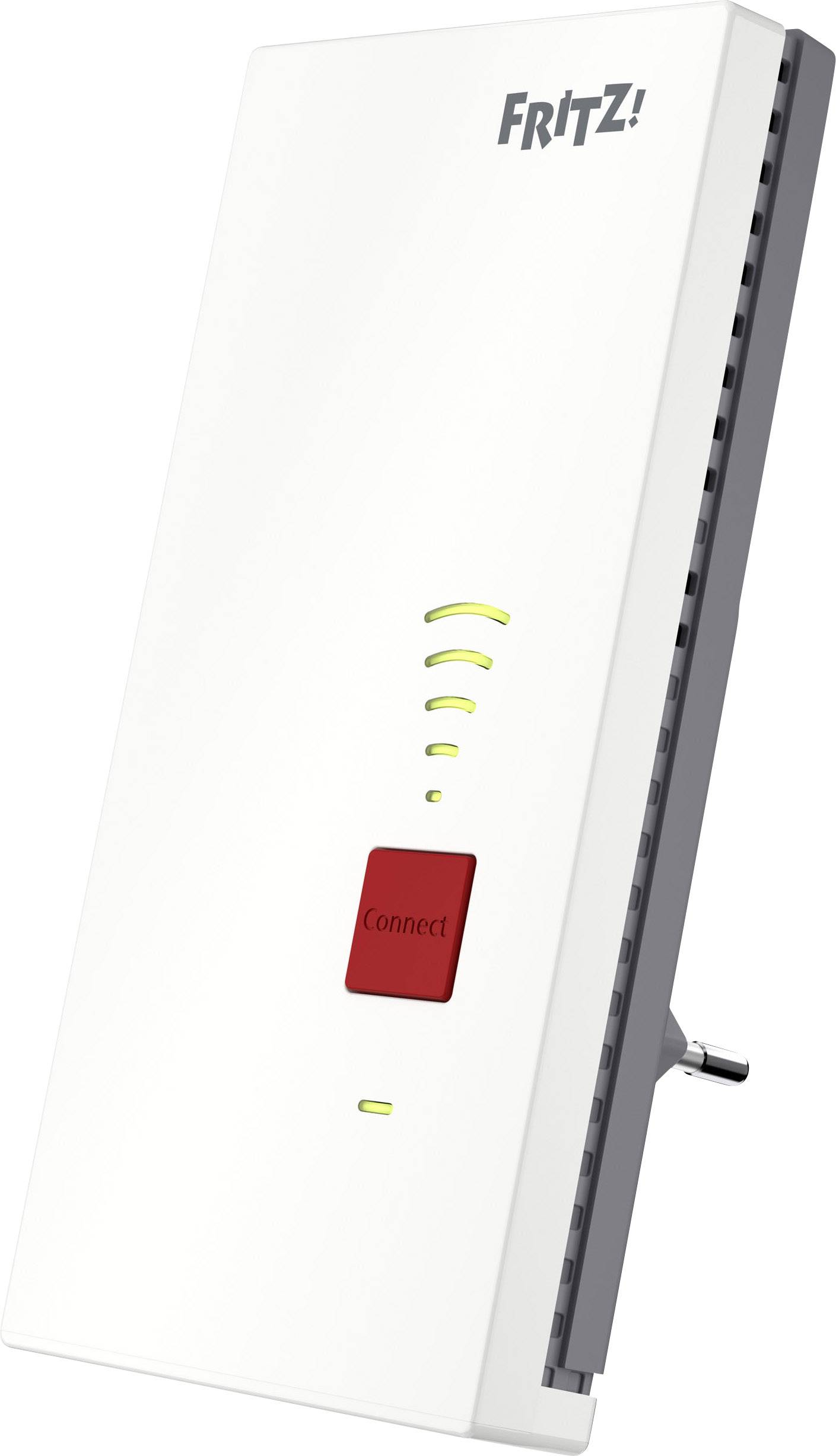 WLAN-Repeater in Weiß mit rotem 'Connect'-Knopf, Signalstärke-Anzeige und seitlichem Anschlussstecker.