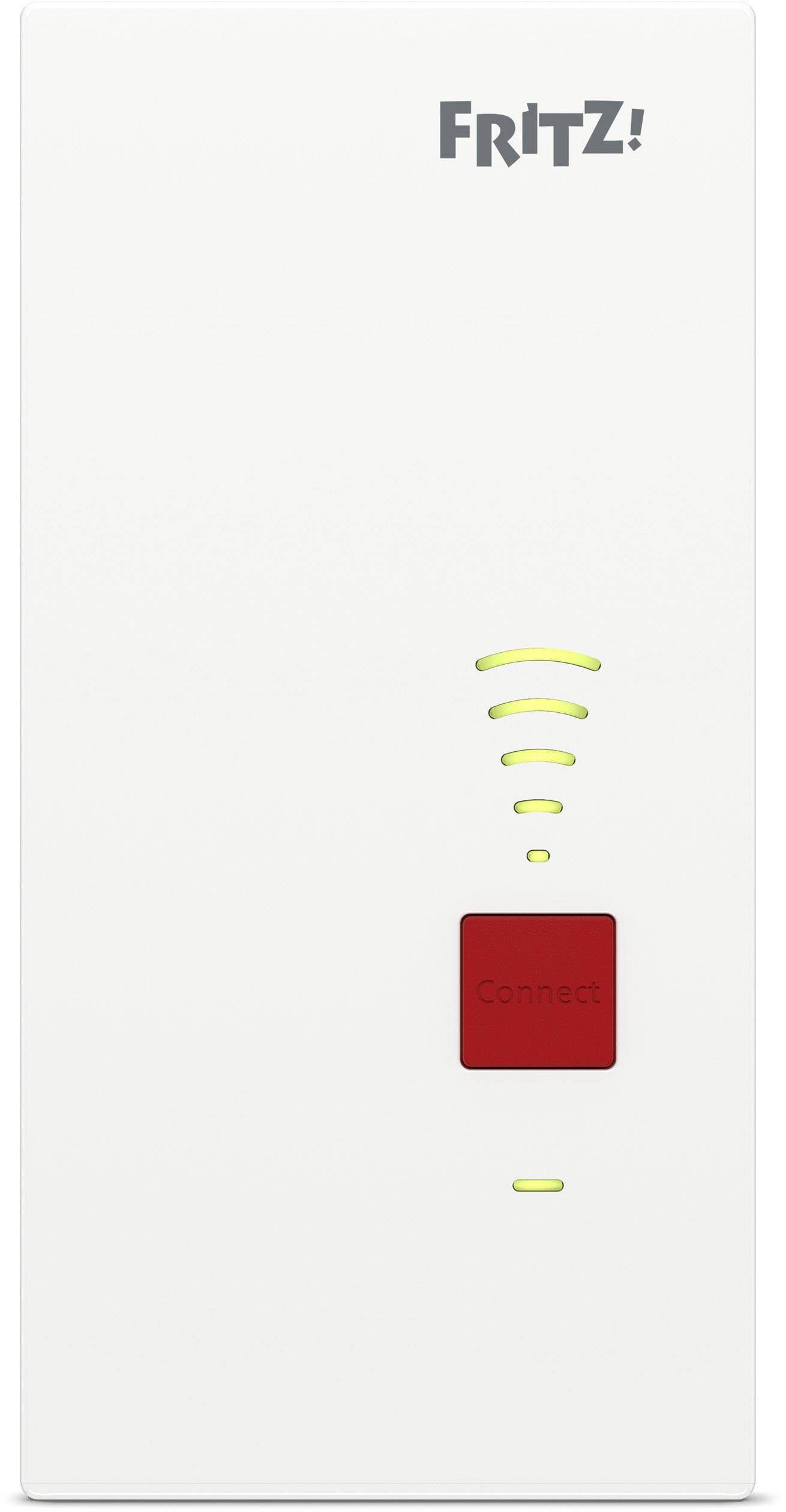 Ein weißer WLAN-Repeater mit 'FRITZ!' Logo, einem roten 'Connect'-Knopf und fünf leuchtenden Signalstärkebarrieren.