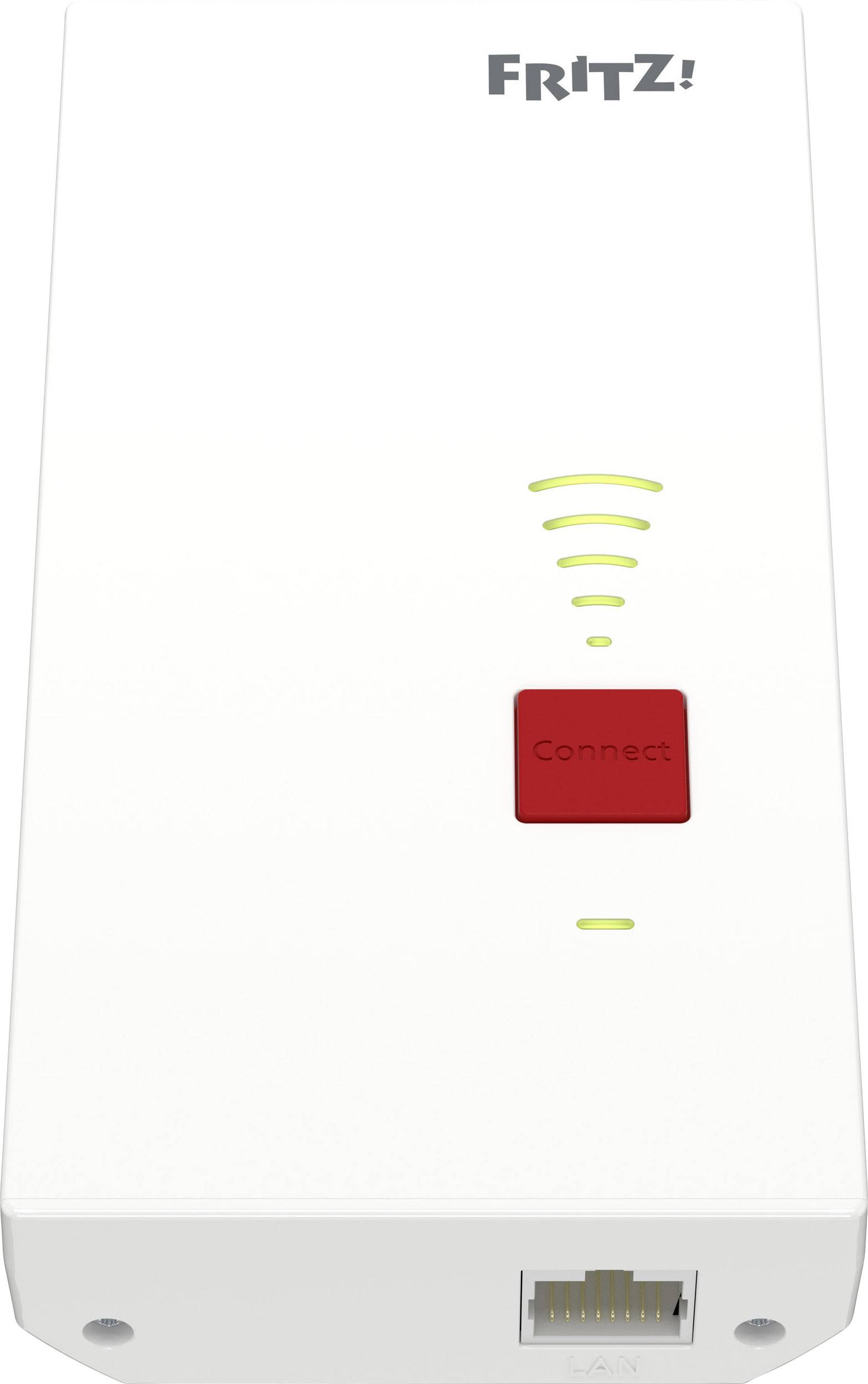 Weißer Fritz-Repeater mit rotem 'Connect'-Knopf, Netzwerkkabelanschluss unten. Erzielt erweiterte WLAN-Abdeckung.