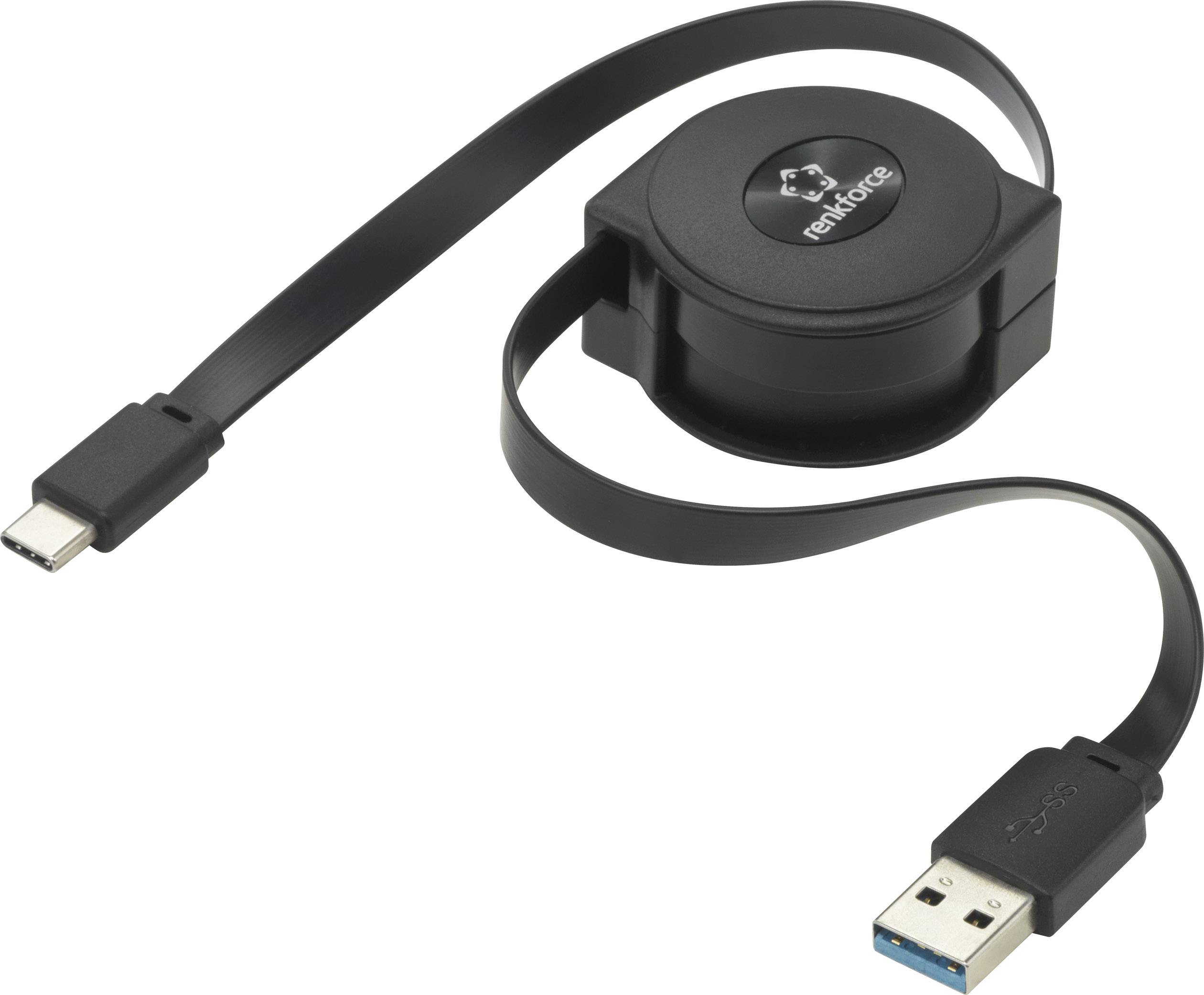 Ein aufrollbares Kabel mit USB-C- und USB-Anschluss, geeignet zum Verbinden von Geräten wie Smartphones oder Laptops mit Computern.