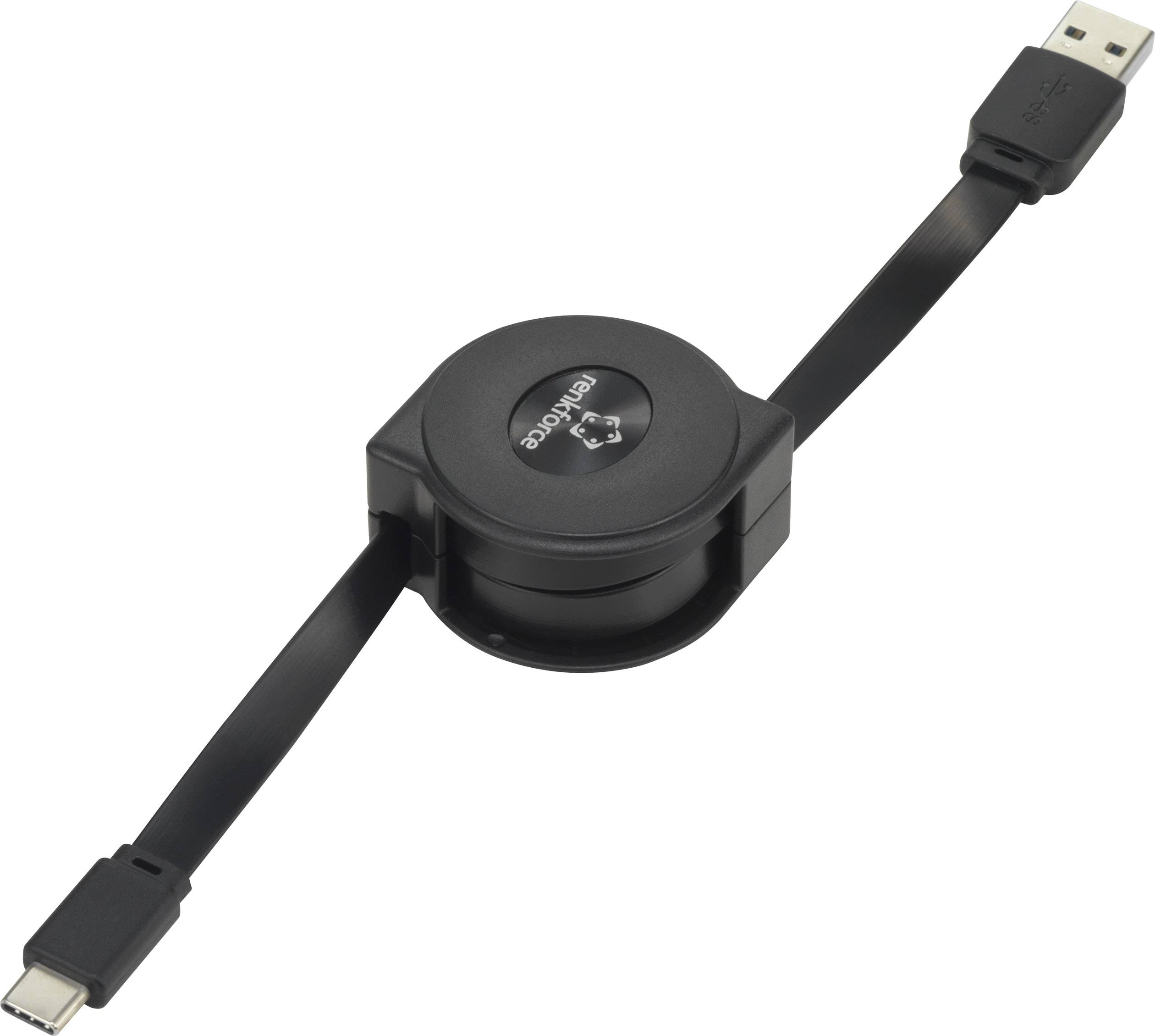Ein schwarzes, einziehbares USB-Kabel mit USB-A- und USB-C-Anschlüssen; geeignet zum Aufladen oder zur Datenübertragung.