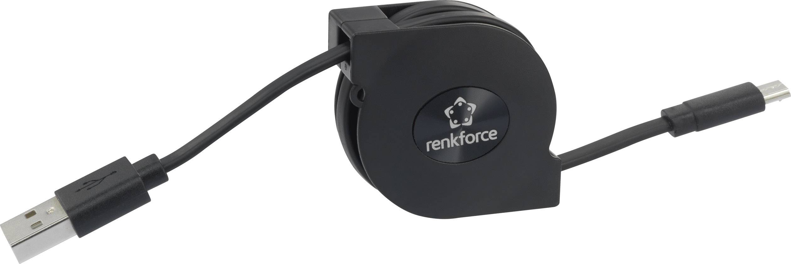 Ein schwarzes, aufrollbares USB-Ladekabel mit einem Micro-USB-Anschluss auf der einen Seite und einem Standard-USB-Anschluss auf der anderen.
