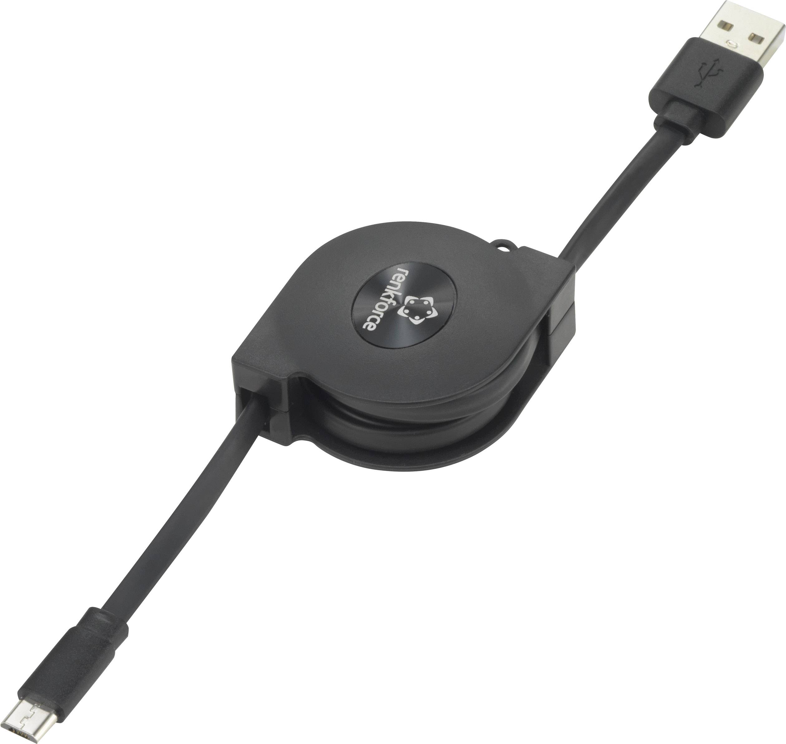 Schwarz-weißer, ausziehbarer USB-Kabeladapter mit USB-Stecker auf der rechten Seite und Micro-USB auf der linken Seite.