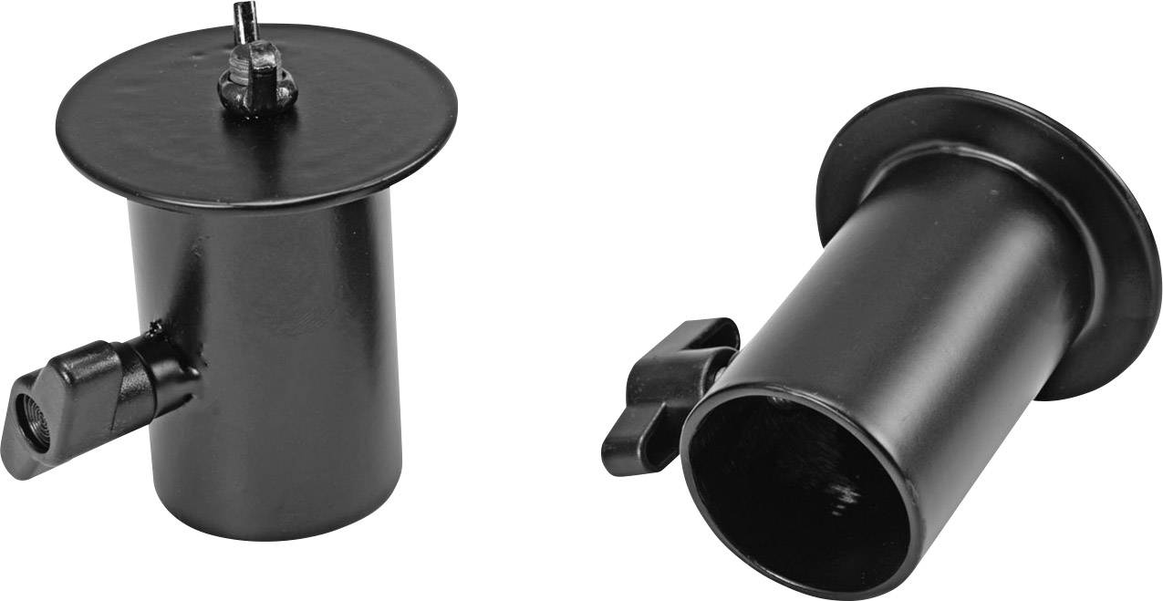 Zwei schwarze Metallhalterungen, eine stehend, die andere geneigt. Sie haben eine flache Oberseite und ein seitliches Gelenk.