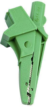 Grüne Krokodilklemme mit gezacktem Clip, zum sicheren Verbinden elektrischer Kabel.