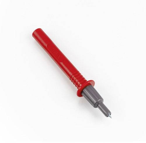 Ein rotes Multimeter-Prüfkabel mit einer metallischen Spitze und einem grauen, isolierten Bereich für elektrische Messungen.
