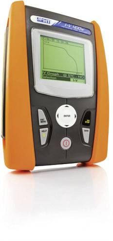 Ein tragbares elektrisches Testgerät mit einem digitalen Bildschirm zeigt eine Kurvengrafik an. Umgeben von orangefarbenem Gehäuse.