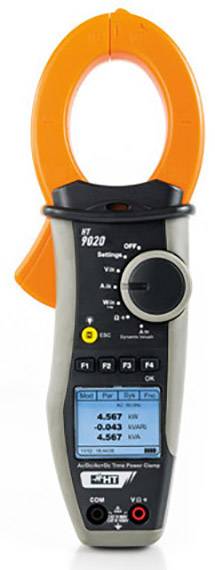 Digitaler Stromzangen-Multimeter mit LCD-Display und orangenen Zangen, zur Messung elektrischer Parameter wie Spannung und Stromstärke.