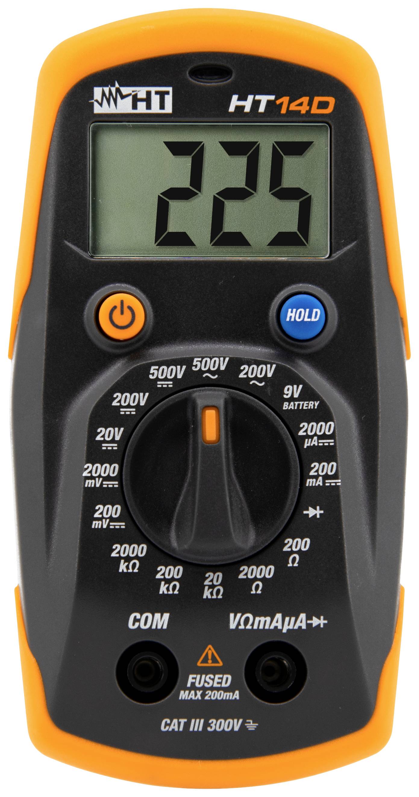 Handmultimeter mit digitalem Display, zeigt '225'. Drehschalter für Spannungs- und Widerstandsmessung, gelb-schwarzes Gehäuse.