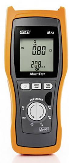 Ein digitales Multimeter mit orangem Gehäuse zeigt 0,80 Ohm auf einem Bildschirm an. Funktionen sind über ein Drehrad steuerbar.