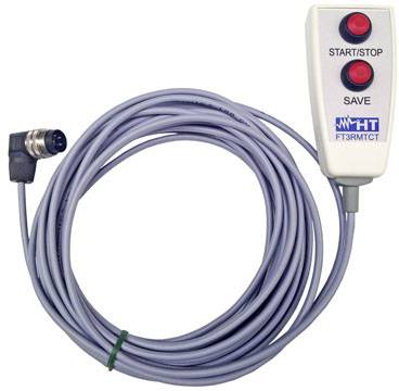 Ein langes, graues Kabel mit einem rechteckigen Bedienfeld mit zwei roten Knöpfen, beschriftet mit 'START/STOP' und 'SAVE'.