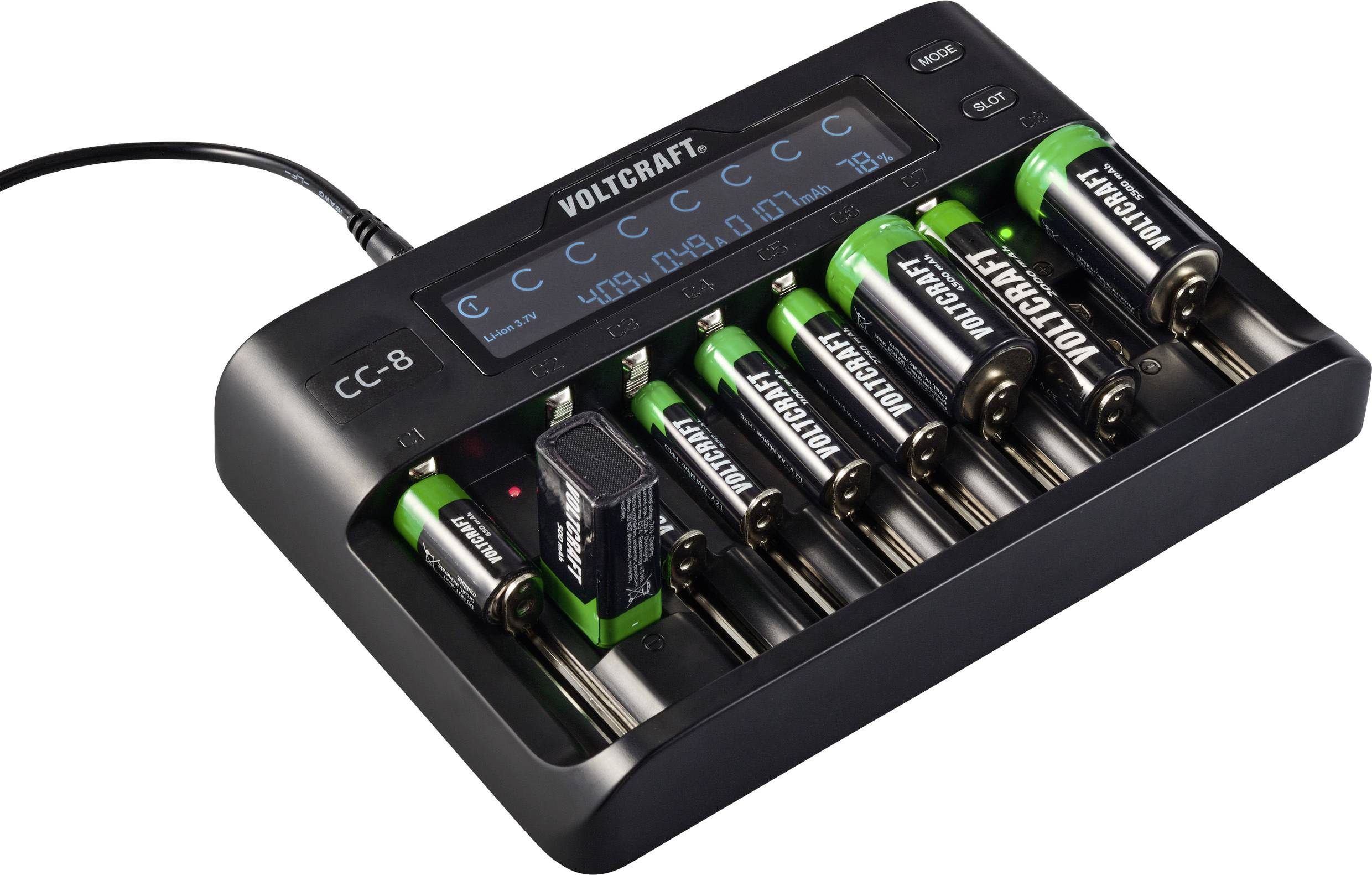 VOLTCRAFT CC-8 Rundzellen-Ladegerät LiIon, LiFePO, NiMH, NiCd A, Mignon (AA), Micro (AAA), Mini (AAAA), 9V Block, Baby (C), Sub-C