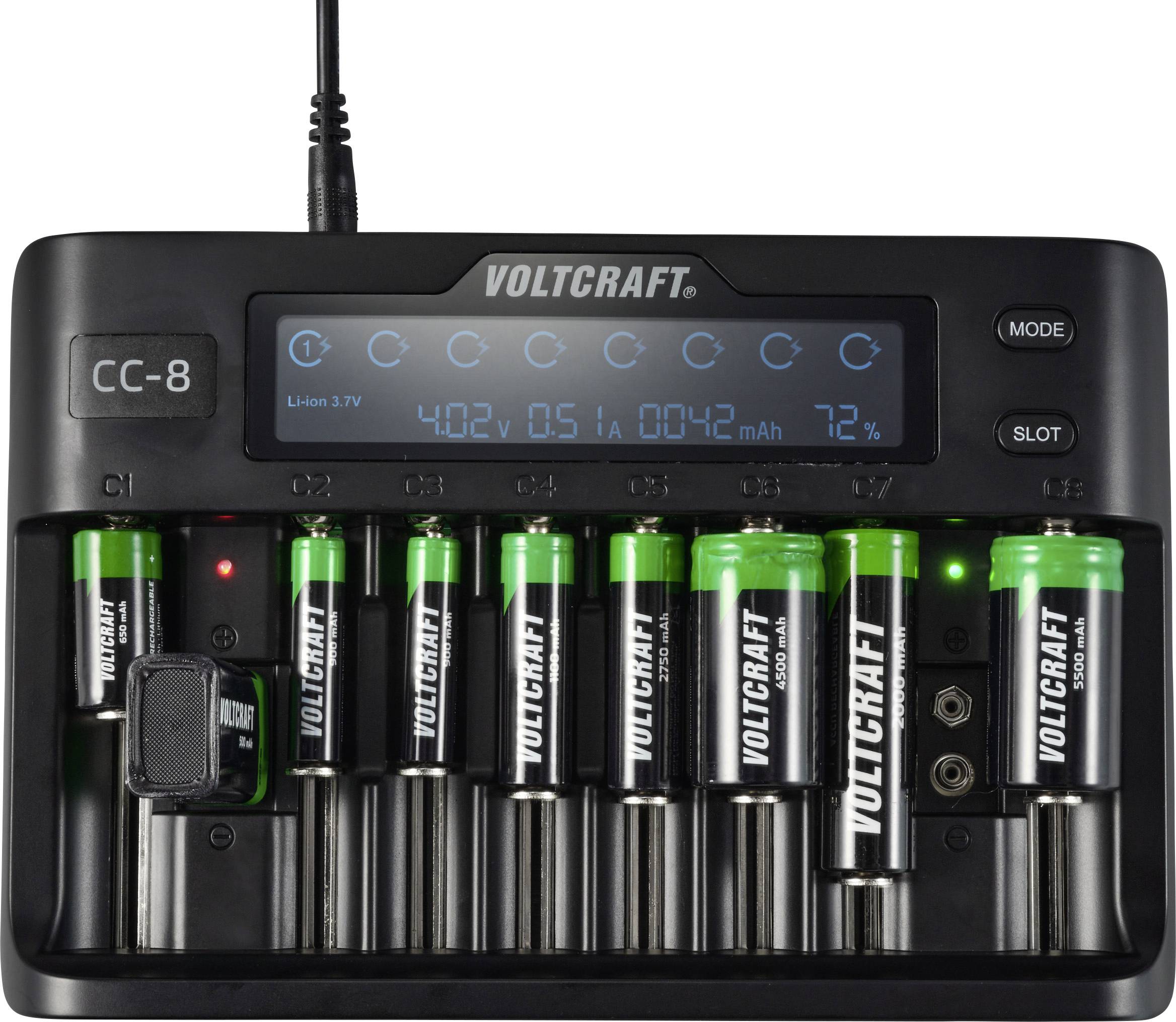 VOLTCRAFT CC-8 Rundzellen-Ladegerät LiIon, LiFePO, NiMH, NiCd A, Mignon (AA), Micro (AAA), Mini (AAAA), 9V Block, Baby (C), Sub-C