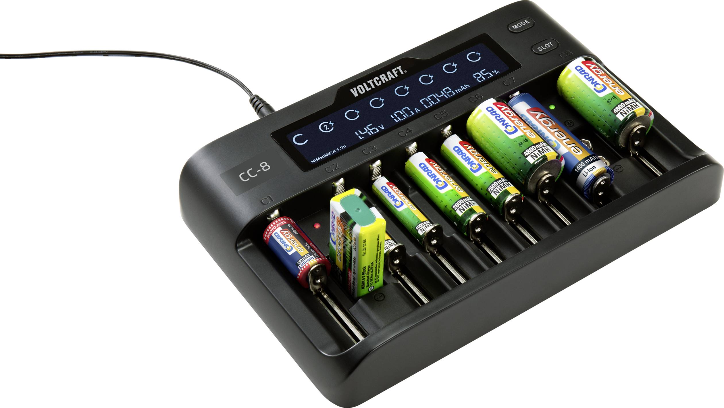 VOLTCRAFT CC-8 + HR03 SE + HR6 SE Rundzellen-Ladegerät LiIon, LiFePO, NiMH, NiCd A, Mignon (AA), Micro (AAA), Mini (AAAA), Baby