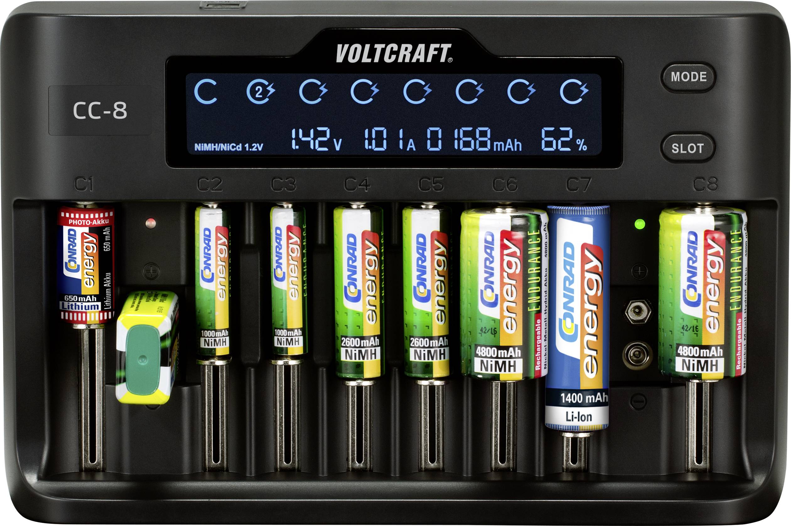VOLTCRAFT CC-8 + HR03 SE + HR6 SE Rundzellen-Ladegerät LiIon, LiFePO, NiMH, NiCd A, Mignon (AA), Micro (AAA), Mini (AAAA), Baby