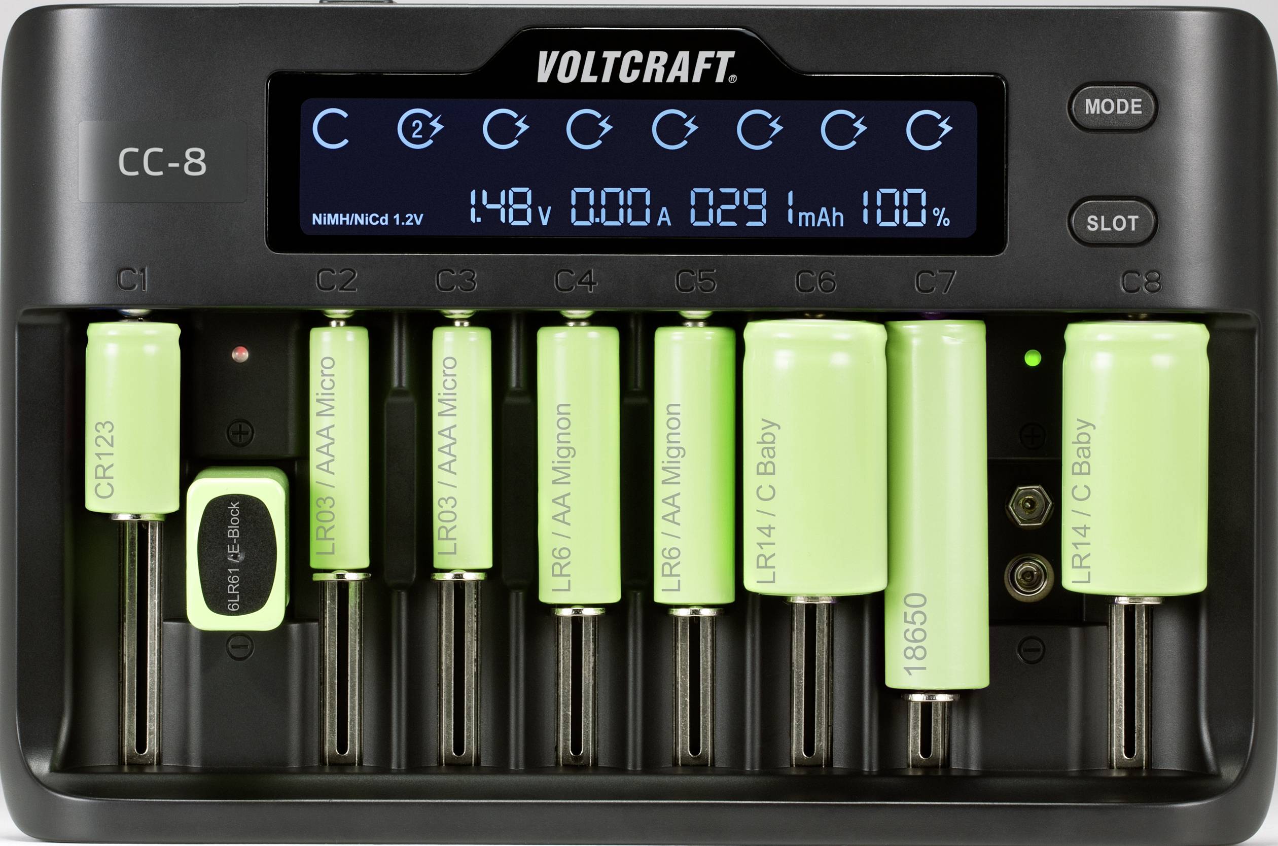 VOLTCRAFT CC-8 + HR03 SE + HR6 SE Rundzellen-Ladegerät LiIon, LiFePO, NiMH, NiCd A, Mignon (AA), Micro (AAA), Mini (AAAA), Baby