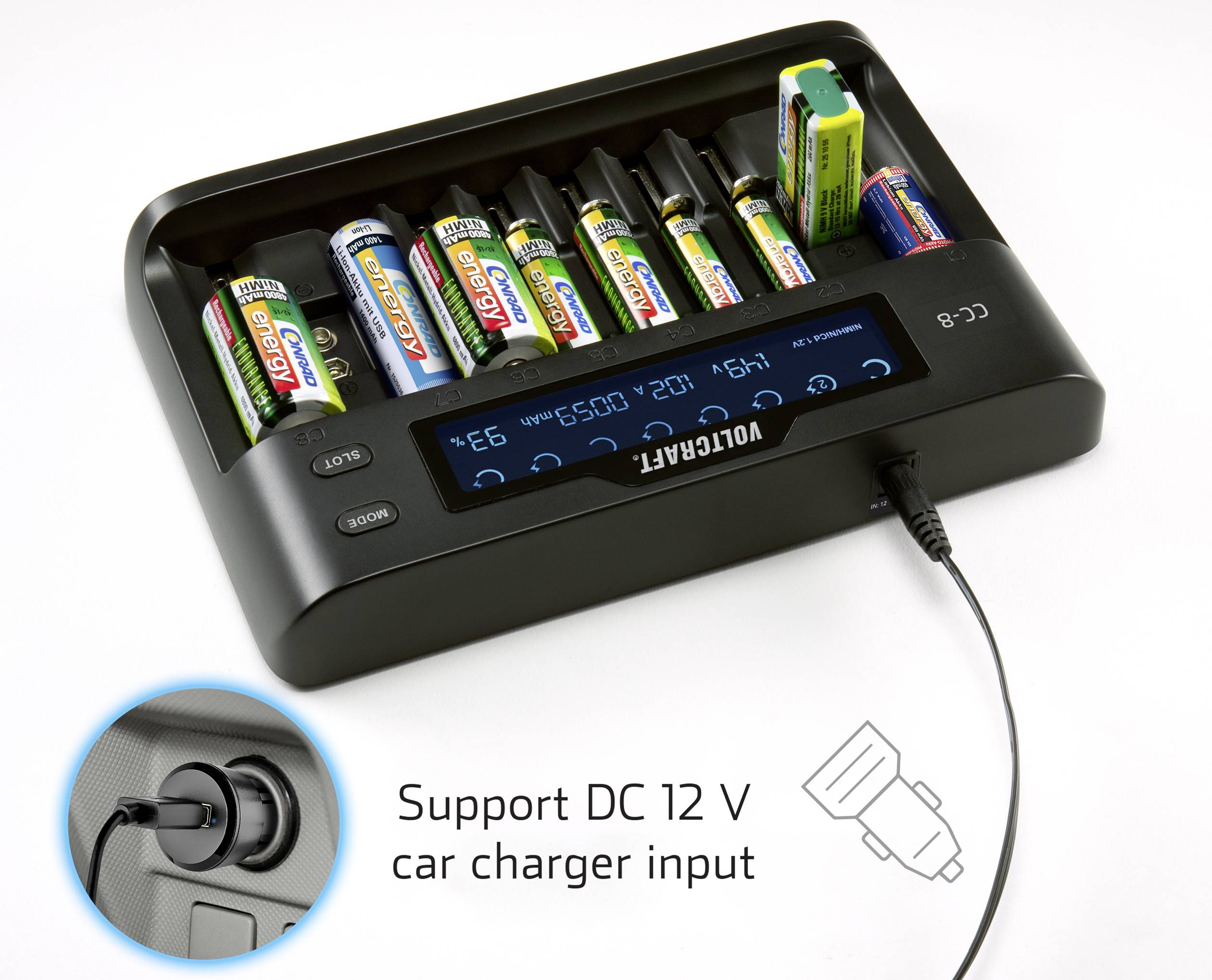 VOLTCRAFT CC-8 + HR03 SE + HR6 SE Rundzellen-Ladegerät LiIon, LiFePO, NiMH, NiCd A, Mignon (AA), Micro (AAA), Mini (AAAA), Baby