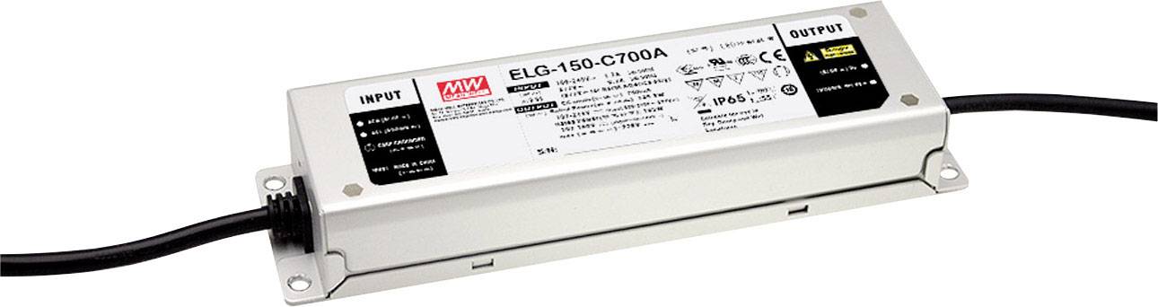 Ein rechteckiges LED-Netzteil mit der Aufschrift 'ELG-150-C700A', zwei Kabeln an den Seiten, und technischen Spezifikationen auf der Oberseite.