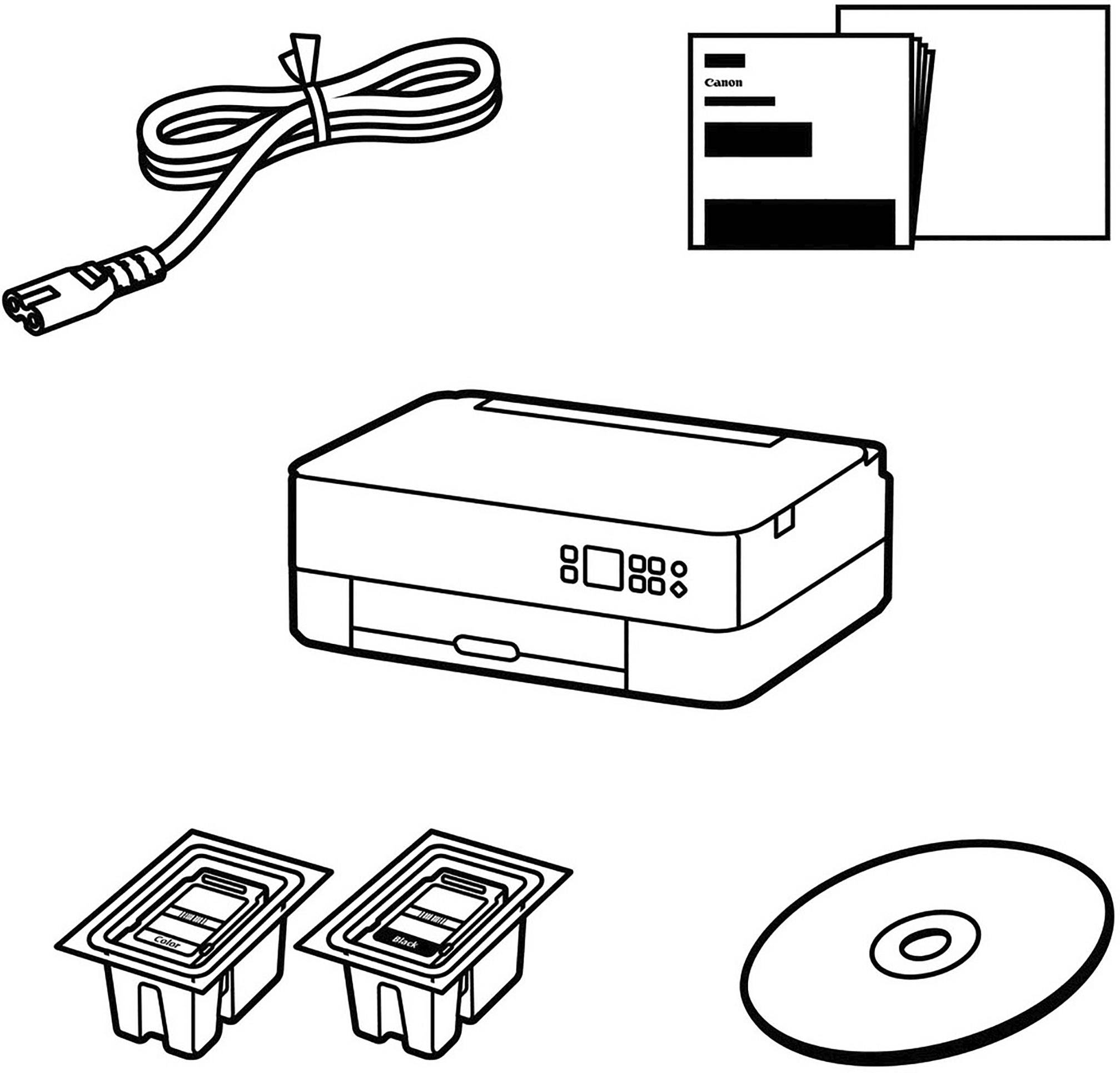 Drucker-Installationsset mit Drucker, Stromkabel, Papierstapel, zwei Tintenpatronen und Setup-CD.