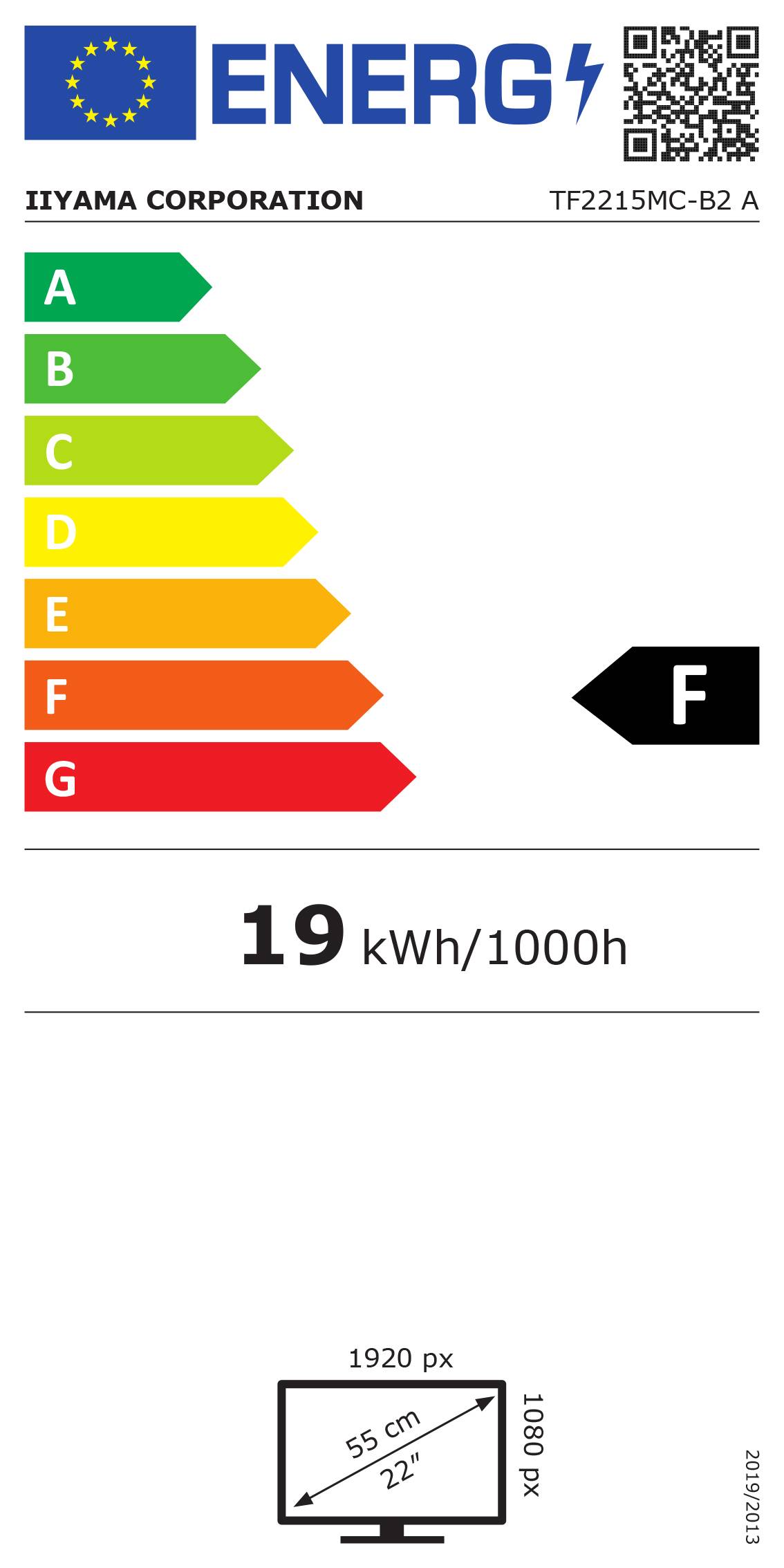 Energiestufe F für Monitor 'IIYAMA TF2215MC-B2', Verbrauch 19 kWh/1000h. Bildschirmgröße: 55 cm (22 Zoll), 1920 x 1080 Pixel.