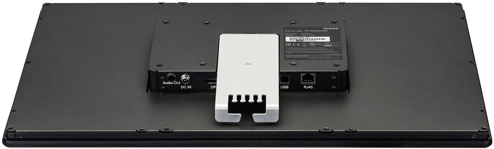 Rückansicht eines schwarzen Monitors mit silbernem Standfuß. Anschlüsse für Strom, USB und Kabelverbindung sind sichtbar.