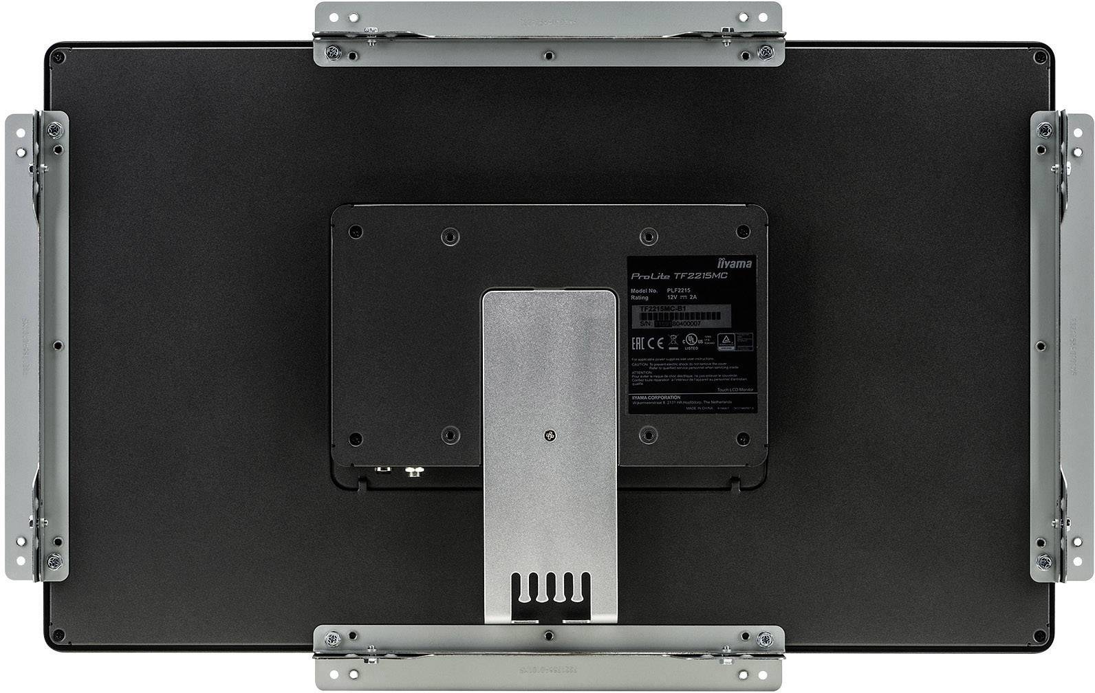 Monitor-Rückseite mit Halterungen und VESA-Montageplatte, schwarze Oberfläche und silberne Halterungsarme.