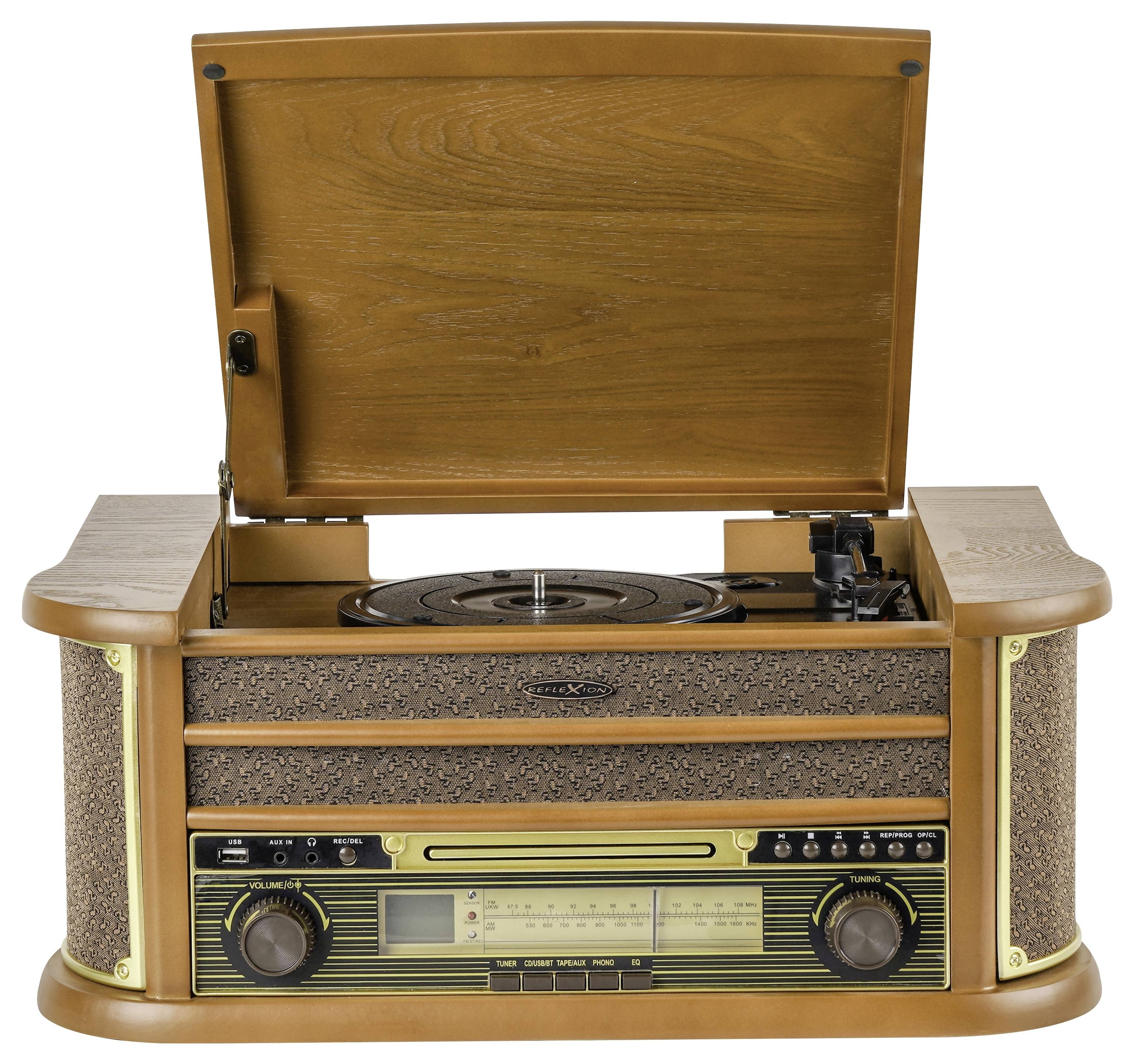 Vintage-Holzkonsolen-Plattenspieler mit geöffnetem Deckel, zeigt einen Plattenteller, Radiotuner und eingebaute Lautsprecher.