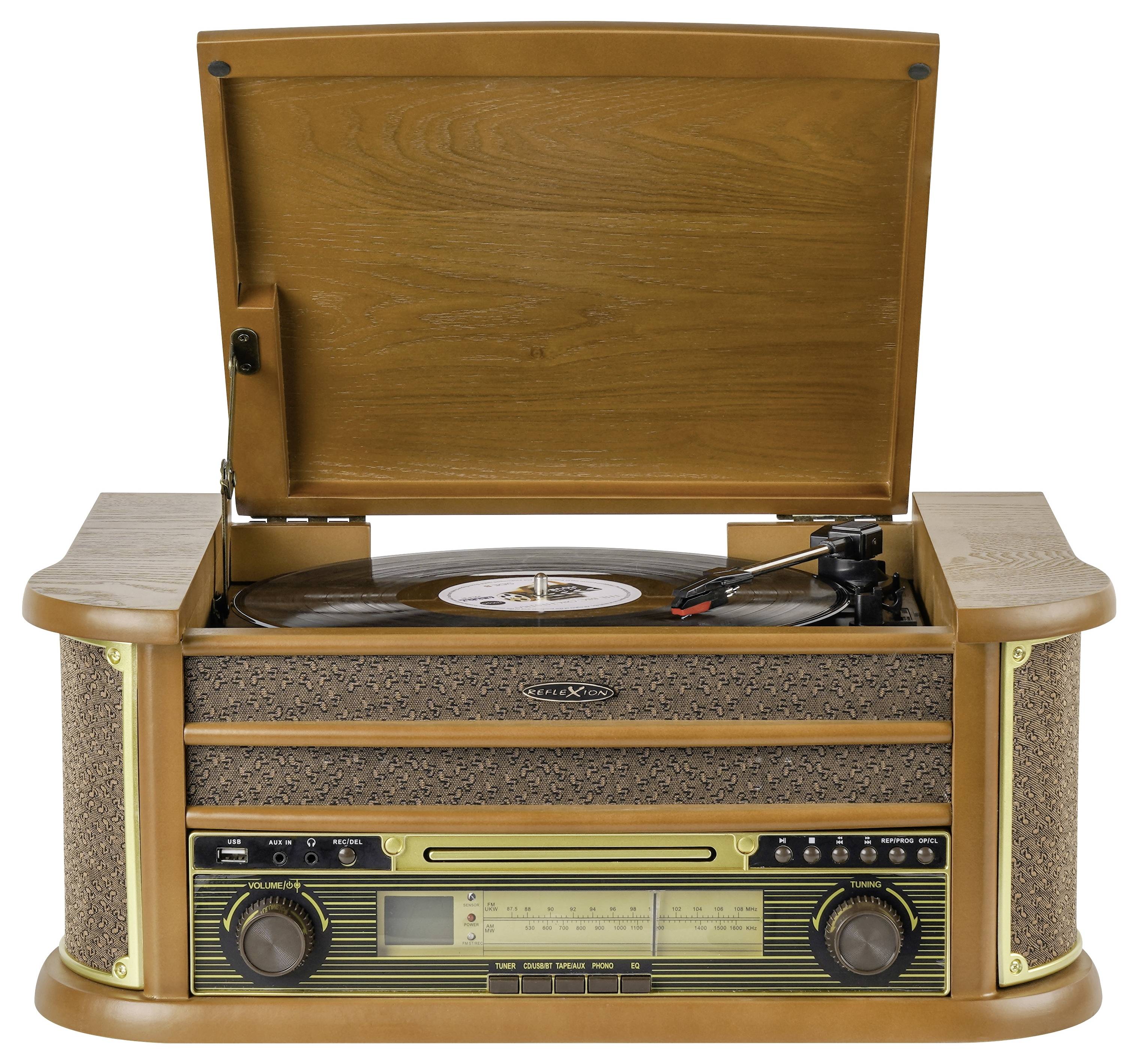 Vintage Holzkonsole mit Plattenspieler mit geöffnetem Deckel, zeigt eine Schallplatte und Plattenteller-Steuerelemente.