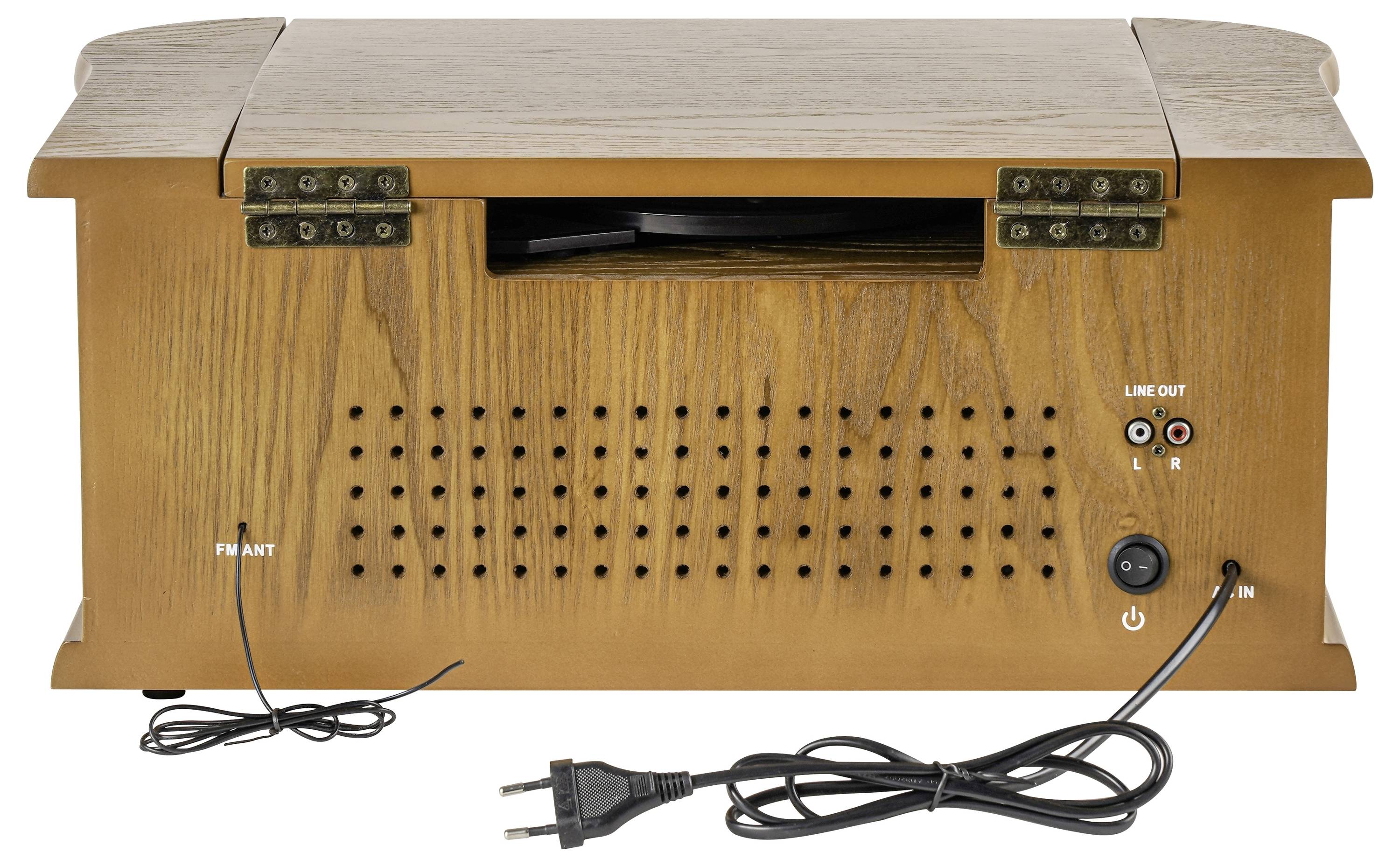 Holzstil-Radio- oder Sprechereinheit mit Frontgrill, Netzschalter, FM-Antennendraht, Line-Out-Anschlüssen und angebrachtem Stromkabel.