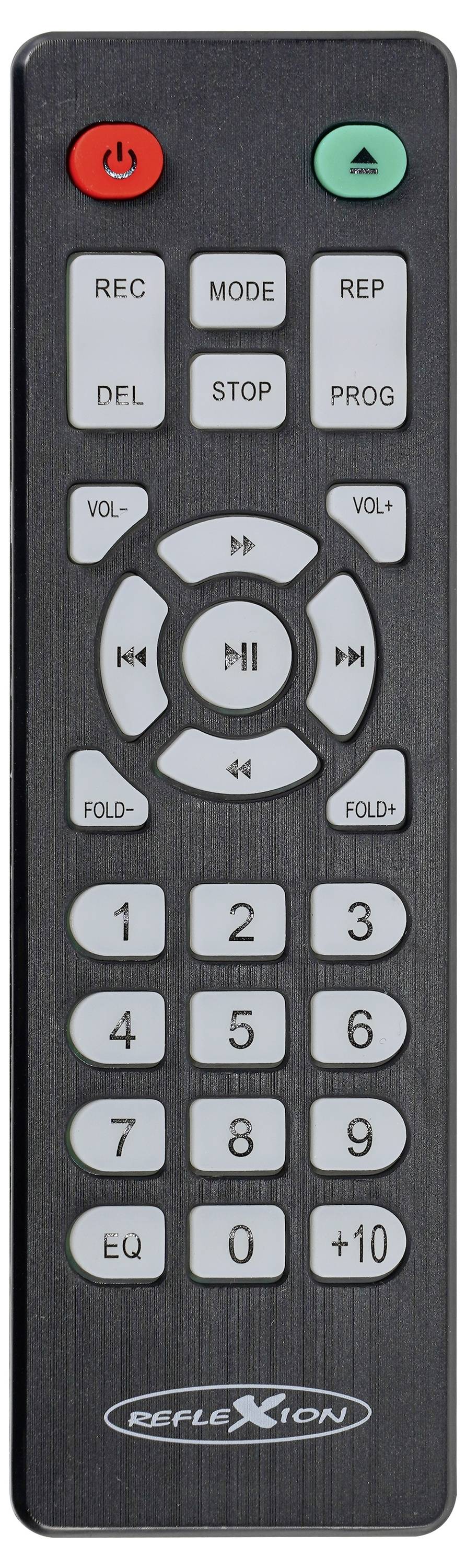 Schwarze Fernbedienung mit rotem Ausschaltknopf, Aufnahme-, Modus-, Stopp-, Programm-, Lautstärke-, Kanal-, klappbare Steuerelemente und Ziffernblock.