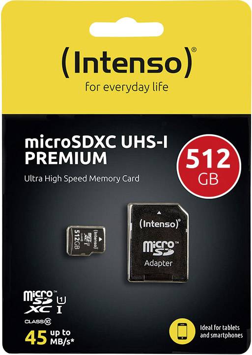 Intenso microSDHC-Karte UHS-I Premium, Klasse 10, 512 GB, mit Adapter auf SD Slot
