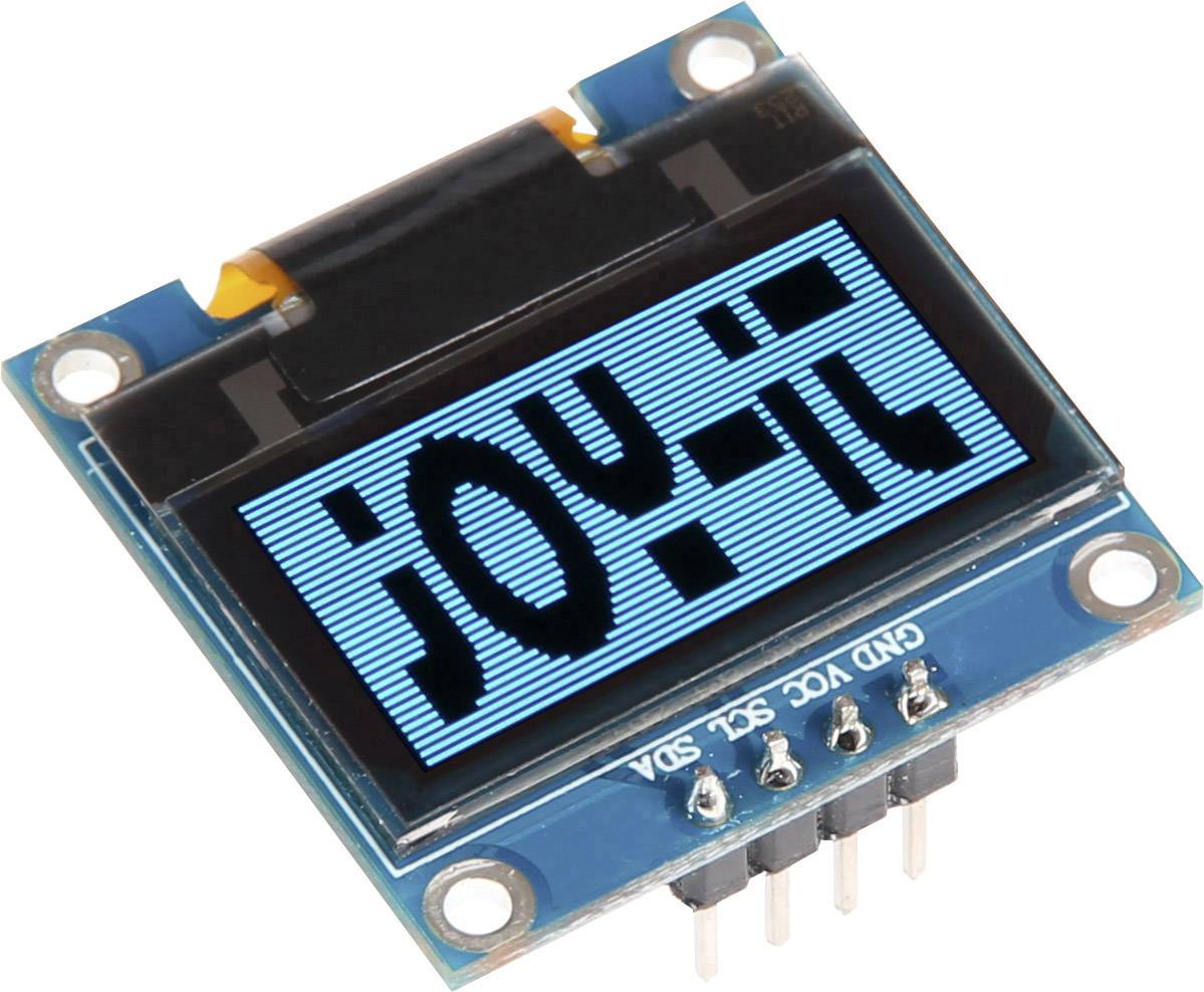 Ein kleines, blaues OLED-Display mit schwarzen Buchstaben zeigt das Wort 'joy-it'. Darunter sind Pins für GND, VCC, SCL und SDA.