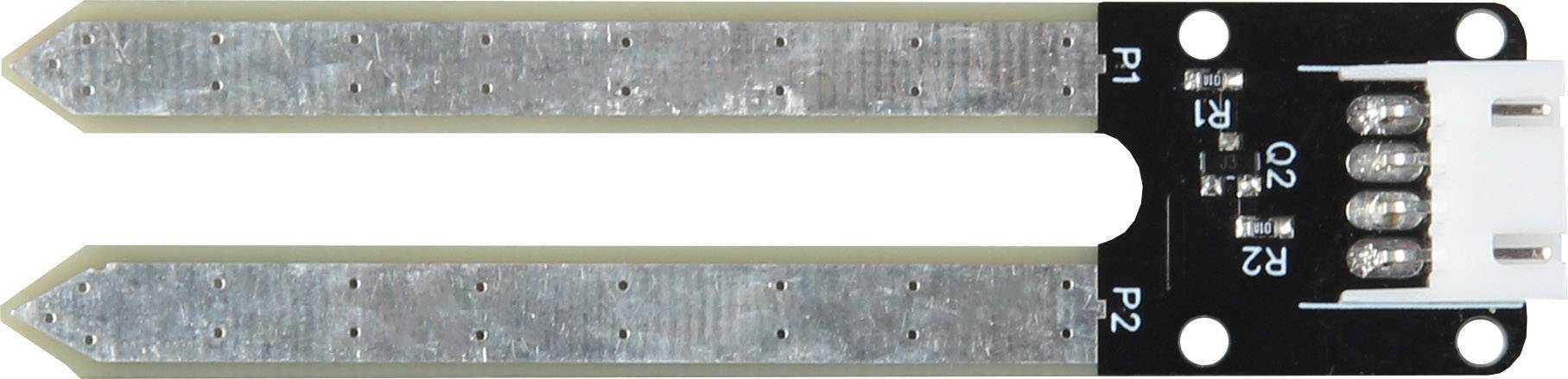 Ein Feuchtigkeitssensor mit zwei parallelen, spitz zulaufenden Metallkontaktstreifen, verbunden an einem elektronischen Modul.