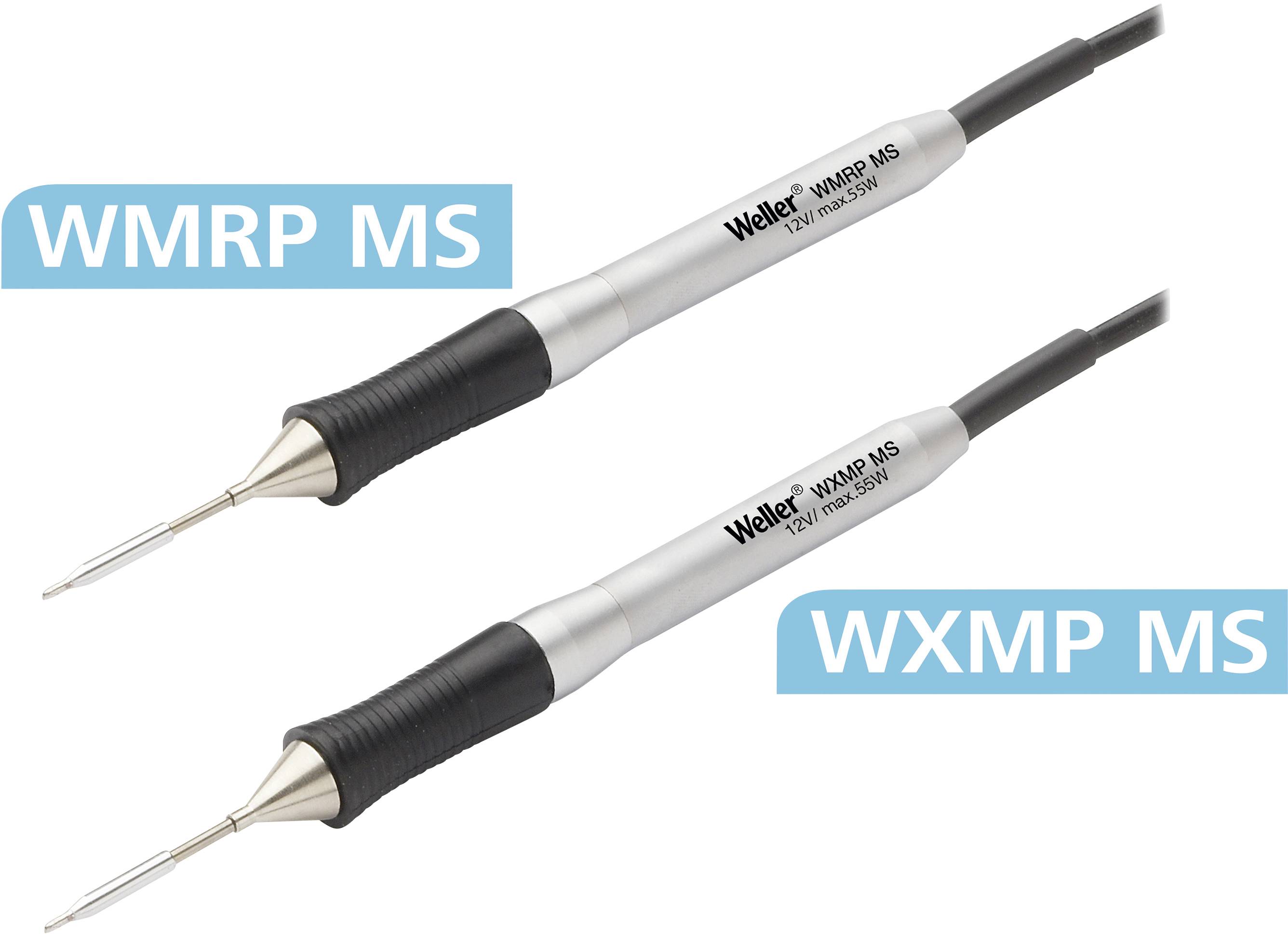 Zwei Weller Lötkolbenmodelle, WMRP MS und WXMP MS, mit schlankem, schwarzem Griff und Metallspitze, nebeneinander in Nahaufnahme.