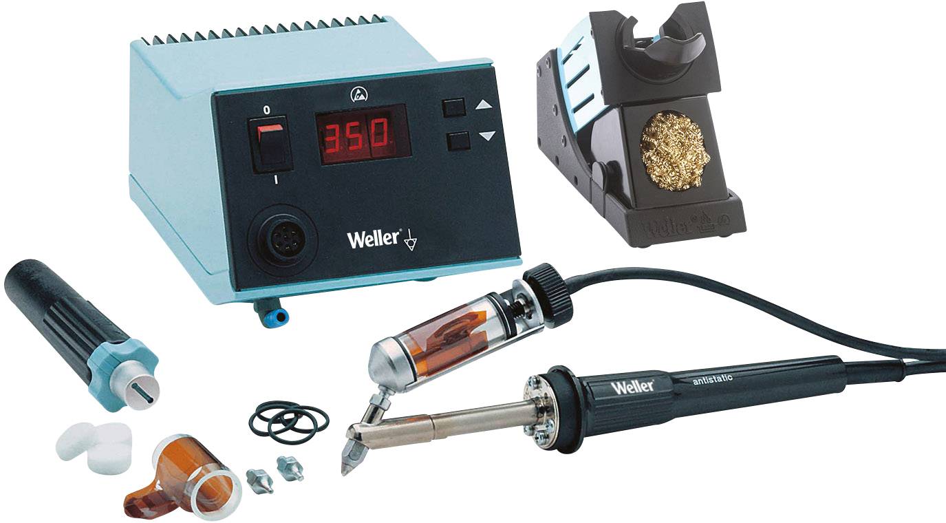 Lötstation-Set mit digitalem Display zeigt '350', Lötspitze, Reinigungsschale und Zubehör. Markenlogo 'Weller' sichtbar.
