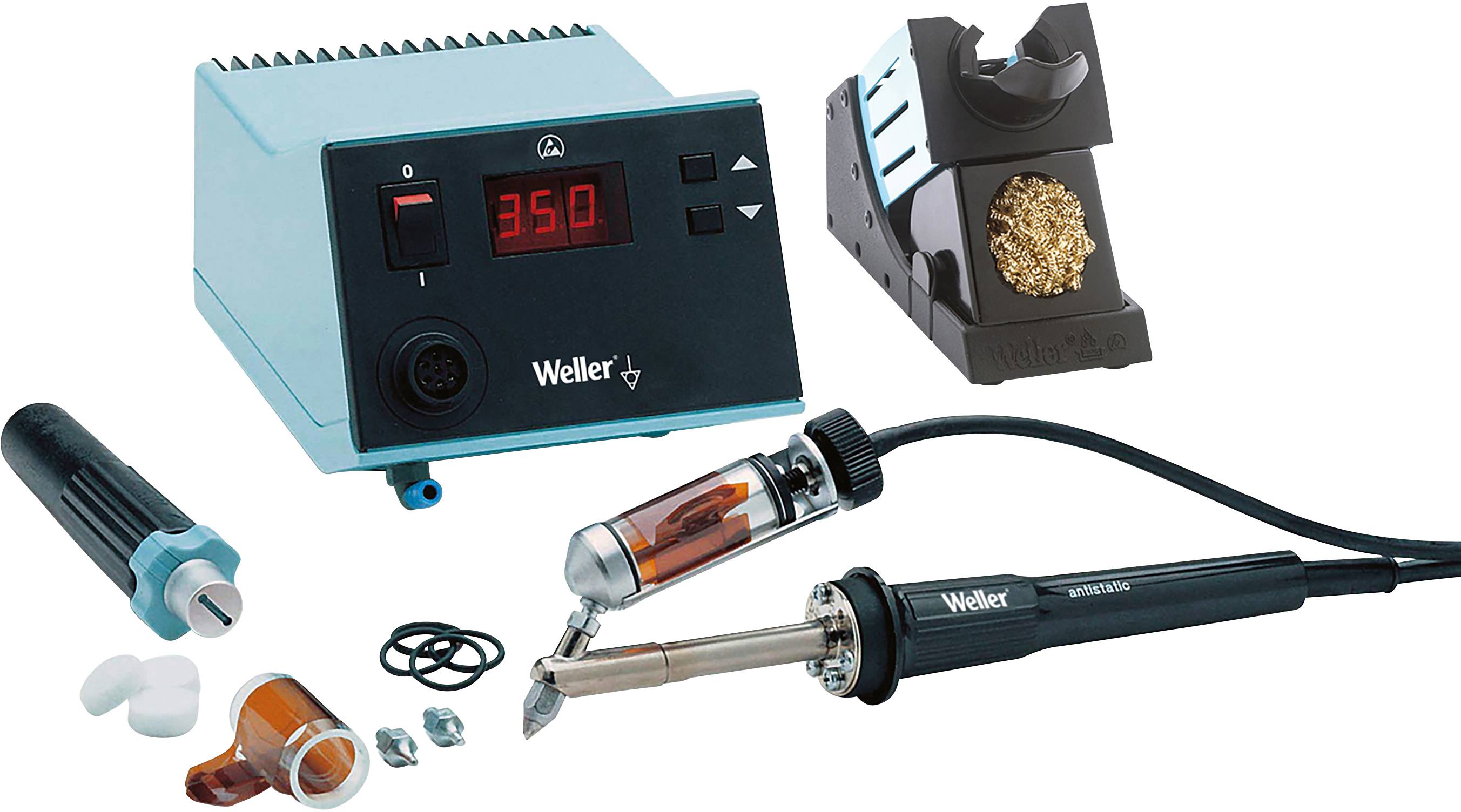 Elektronik-Lötstation von Weller mit digitaler Temperaturanzeige, Lötkolben, Halterung und Zubehör, geeignet für präzises Löten.