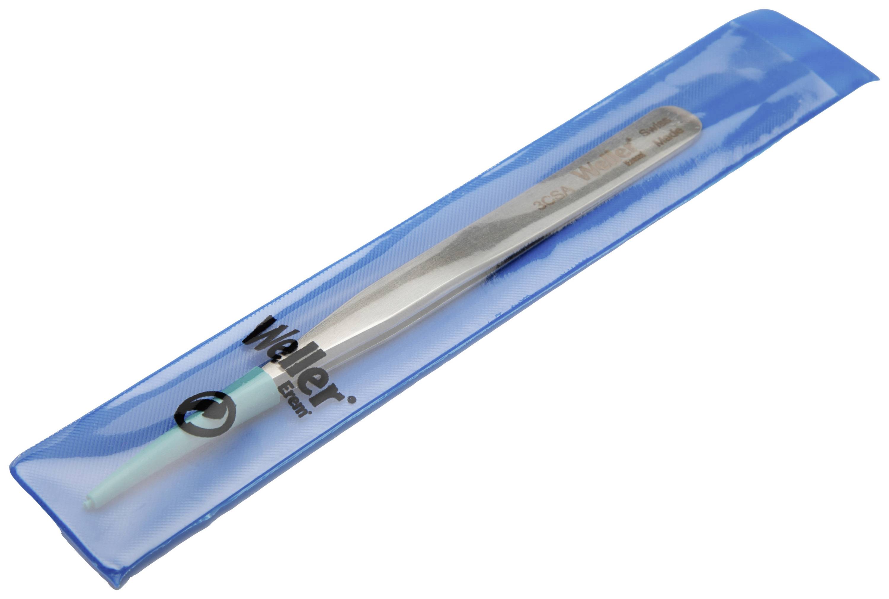 Ein Paar Weller-Elektronik-Pinzetten in einer blauen Plastikhülle, oft zum Greifen kleiner elektronischer Komponenten verwendet.