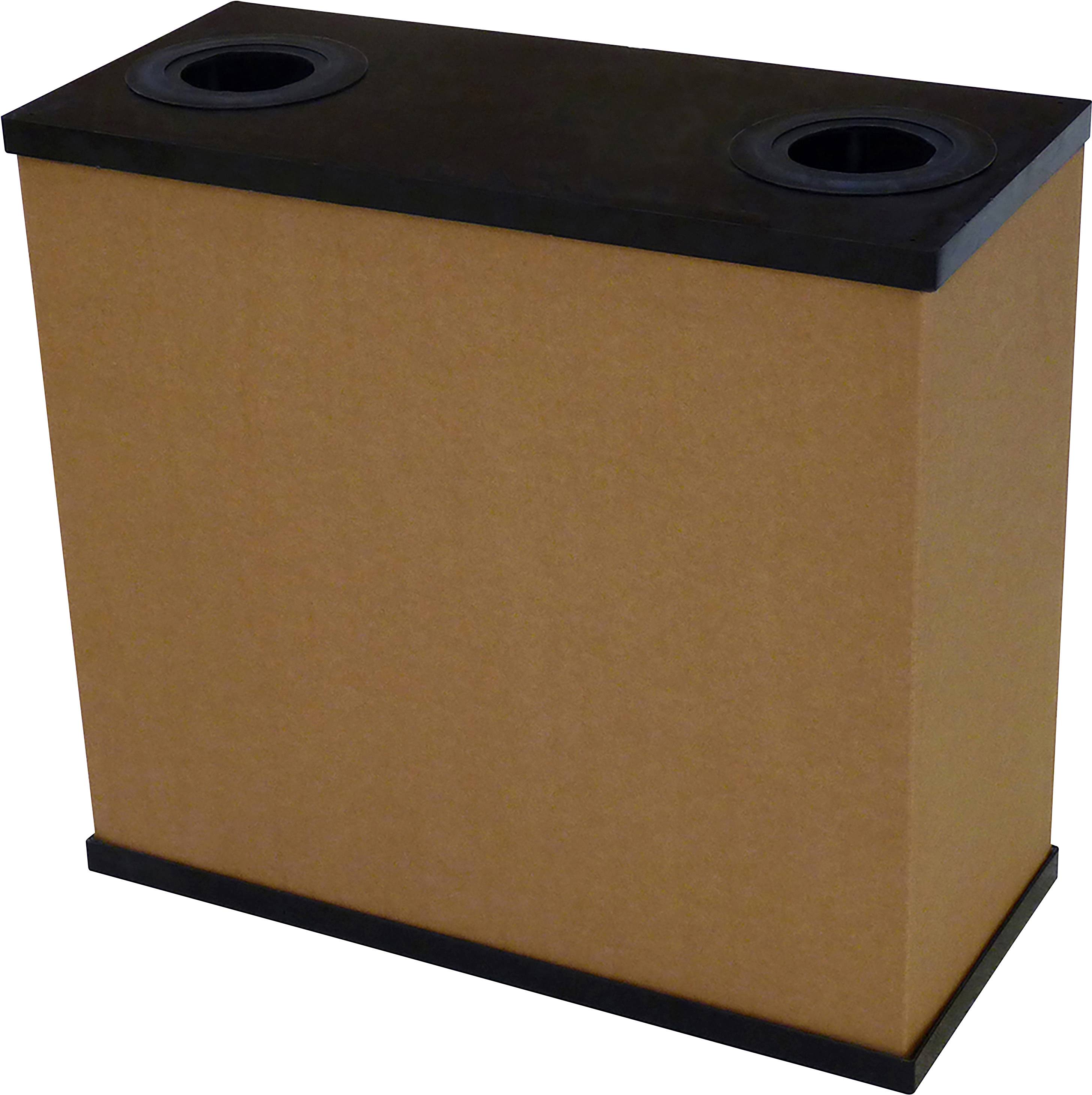 Rechteckiger, brauner Mülleimer mit zwei runden Einwurföffnungen auf der Oberseite. Schwarze Ränder um die Öffnungen.