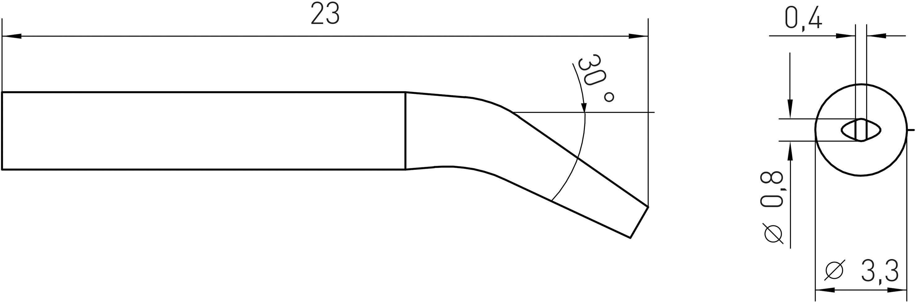 Technische Zeichnung eines Rohrendes mit Biegung. Länge 23, Winkel 30 Grad, Durchmesser 3,3. Seitliche und obere Ansicht.