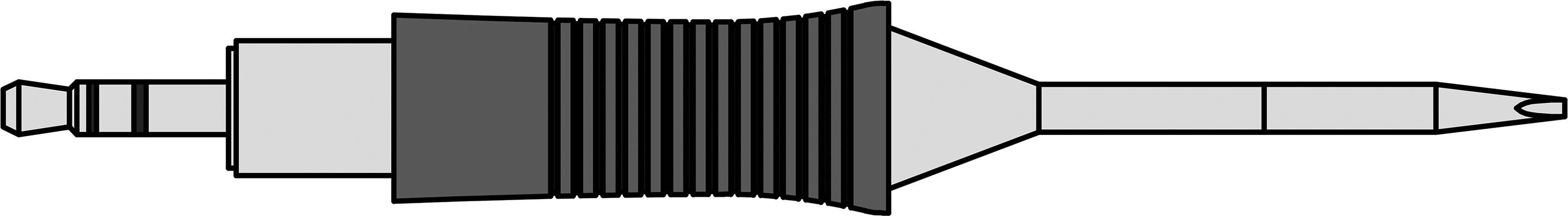 Ein Symbol für einen Stereostecker, mit geriffeltem Griff und polierter Spitze, zeigt die Struktur und Verbindungselemente eines Audiokabels.