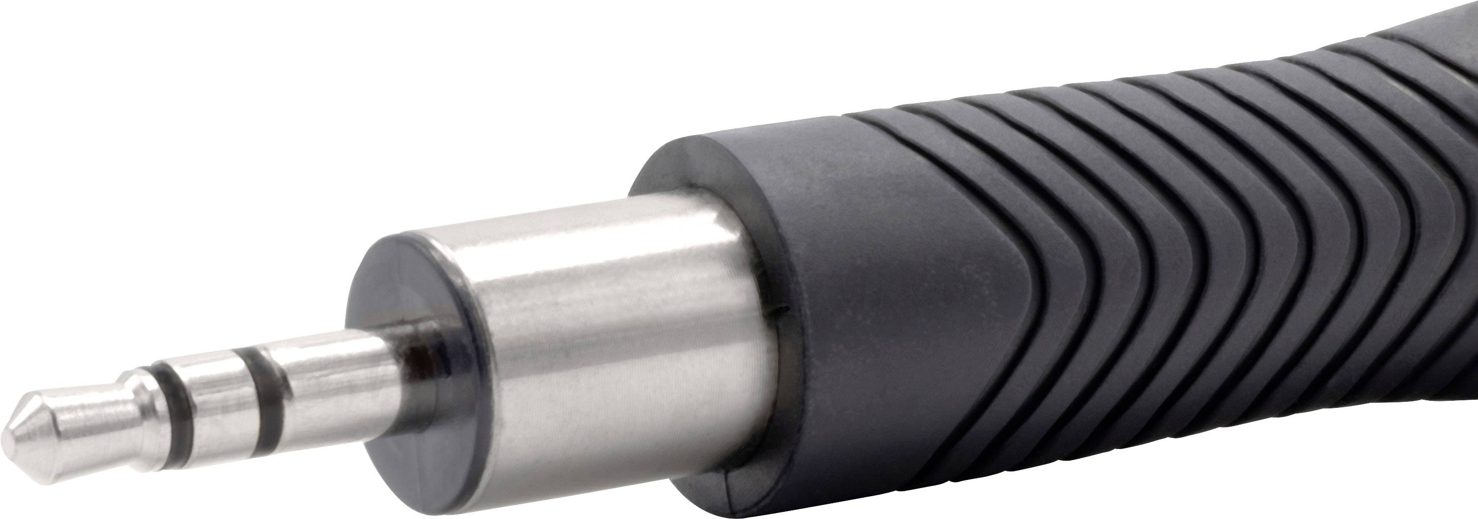 Nahaufnahme eines 3,5-mm-Klinkensteckers mit geripptem schwarzen Griff, verwendet zur Audioverbindung zwischen Geräten.