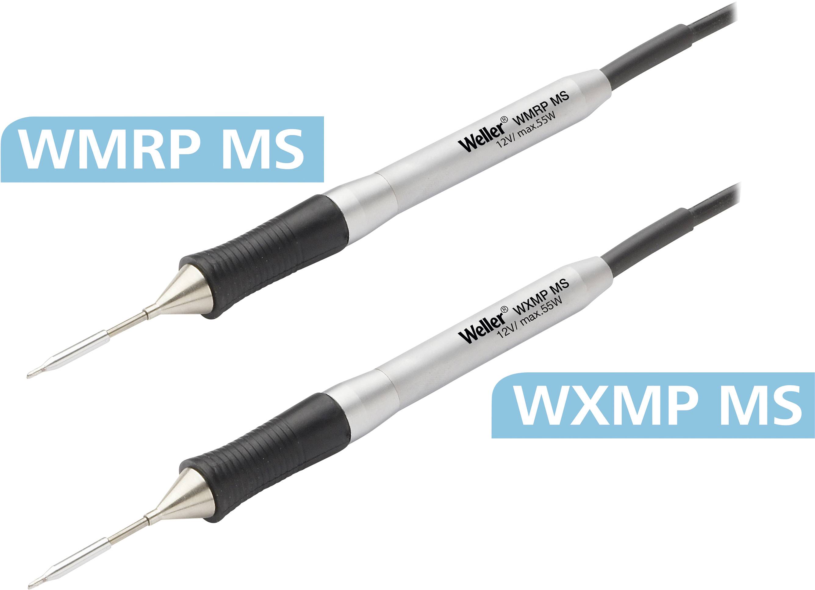 Zwei Lötkolben der Marke Weller, Modelle 'WMRP MS' und 'WXMP MS', mit dünnen Spitzen und schwarzen Griffen, in diagonaler Anordnung.