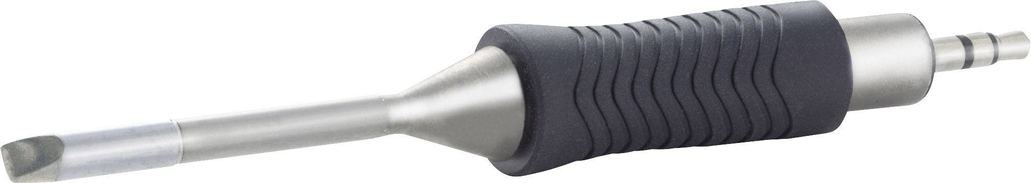 Ein silbernes, zylindrisches Werkzeug mit schwarzem, geripptem Griff, möglicherweise ein Handgerät für technische oder medizinische Anwendungen.