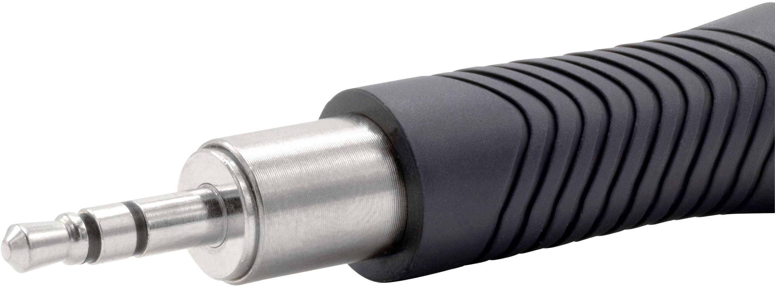 Klinkenstecker mit Metallspitze und geriffeltem schwarzem Kunststoffgriff, verwendet für Audioverbindungen in elektronischen Geräten.