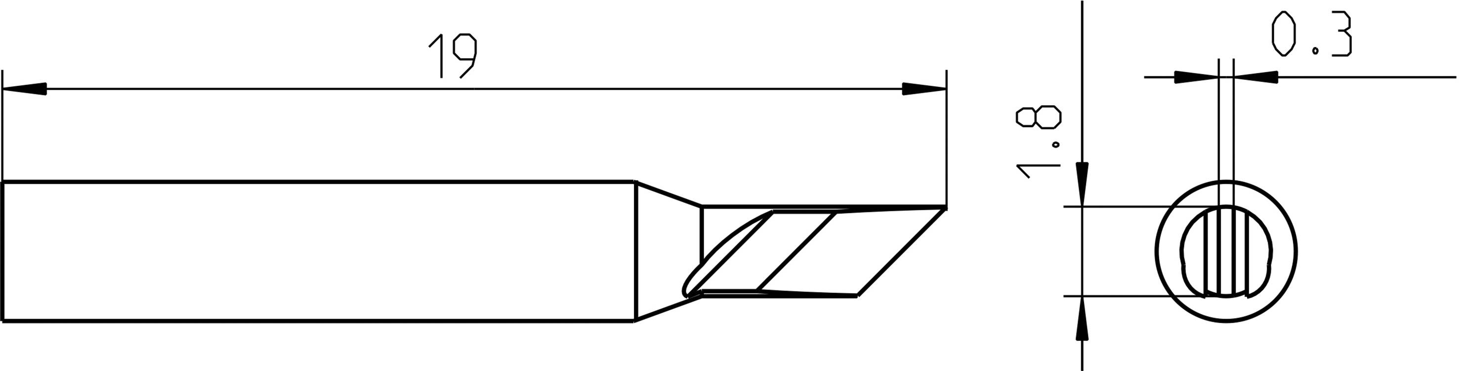 Technische Zeichnung: Zylindrisches Bauteil mit abgeschrägter Spitze. Seitansicht zeigt Länge 19 mm, Durchmesser 1,8 mm, Schräge 0,3 mm.