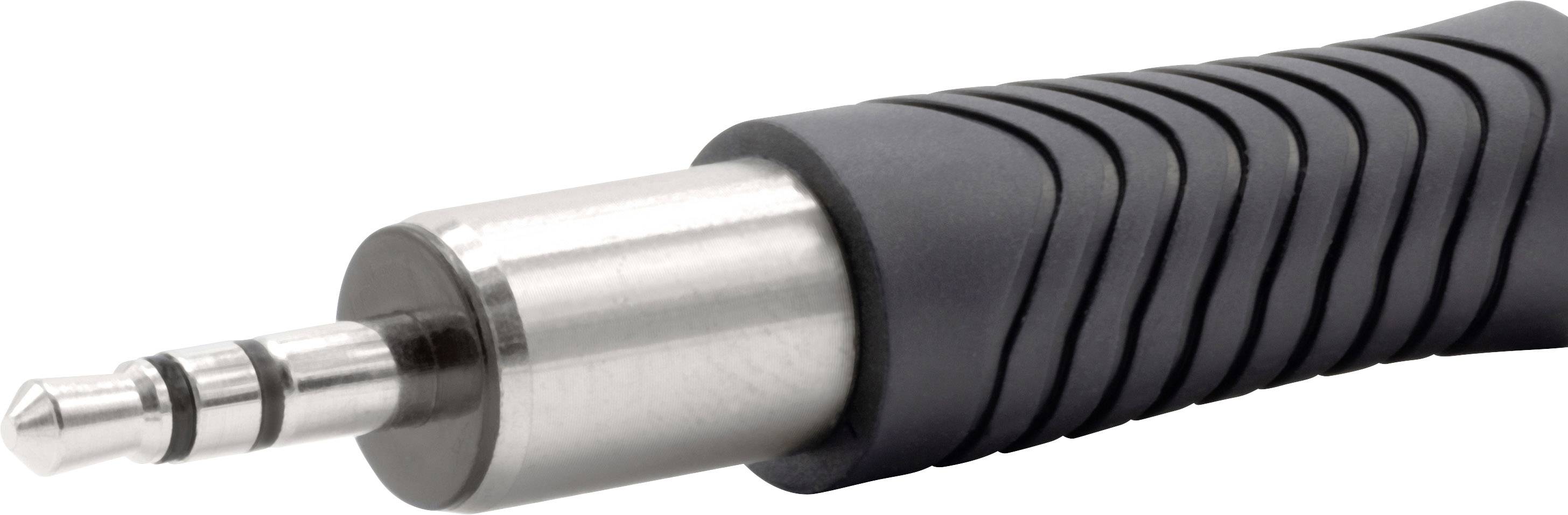 Ein 3,5-mm-Audiostecker mit geriffeltem, schwarzem Kunststoffgriff, typischerweise zum Verbinden von Kopfhörern oder Lautsprechern.
