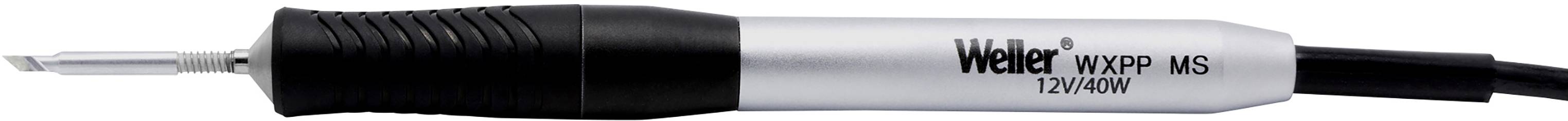 Lötkolben mit der Aufschrift 'Weller WXP MS 12V 40W'. Er hat eine schwarze und silberne Farbe mit einem dünnen, spitzen Ende und Kabel.