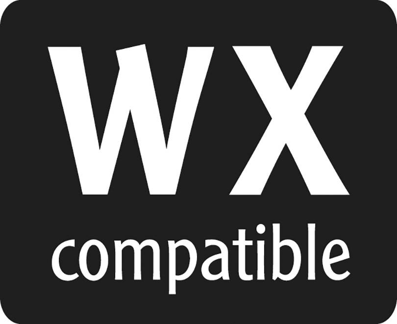 'WX compatible'-Logo auf schwarzem Hintergrund, zeigt Kompatibilität mit WX-System an.